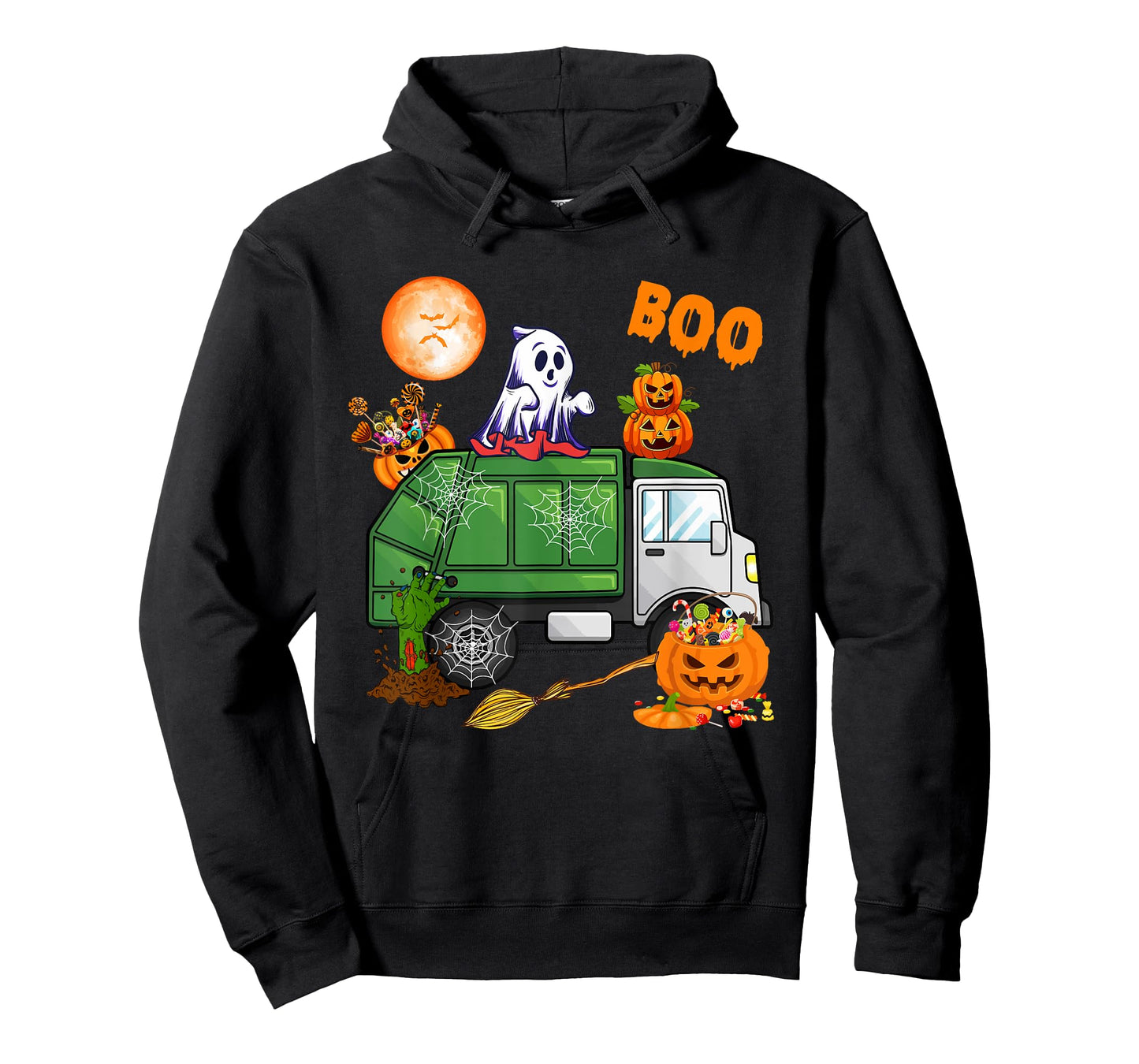 Ghost Driving Garbage Truck With Candy Bag Carved Pumpkin T-Shirt