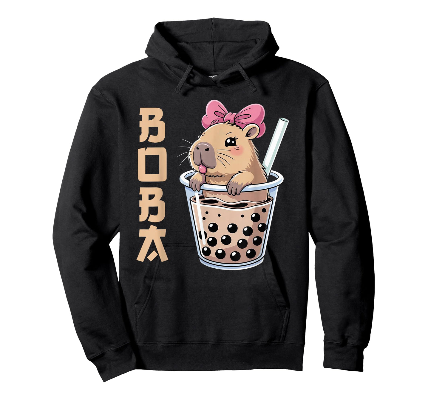 Kawaii Anime Capybara Drinking Boba Tea Pink Coquette Bow T-Shirt