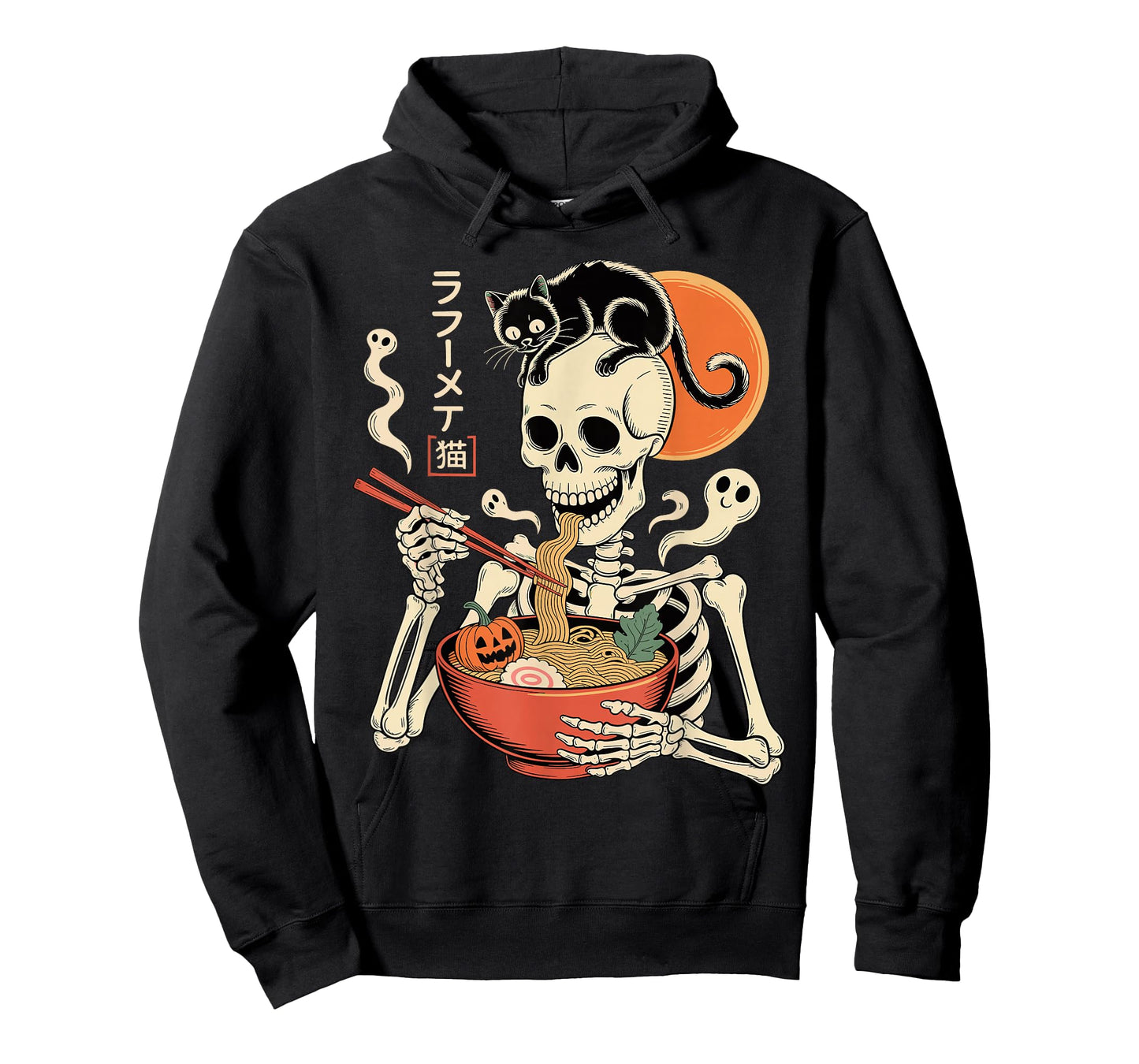 Spooky Skeleton Eating Ramen Bowl with Cat Halloween Art T-Shirt
