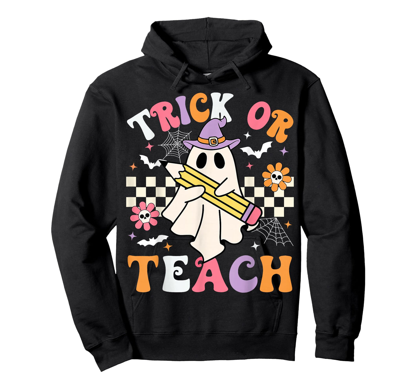 Trick Or Teach Groovy Teacher Halloween Retro Teacher Ghost T-Shirt