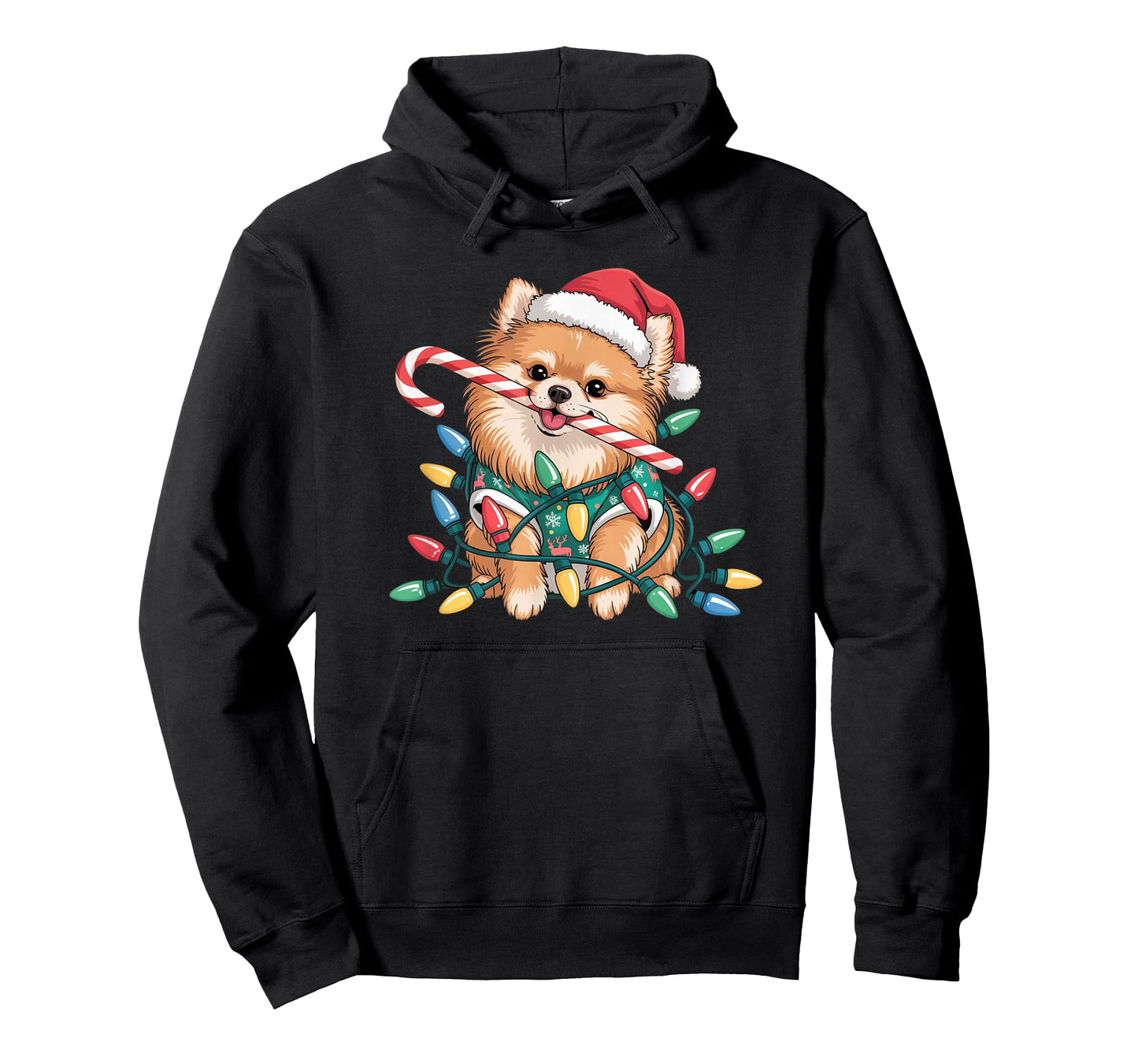 Cute Pomeranian Christmas Puppy Lights Santa Hat Candy Cane T-Shirt
