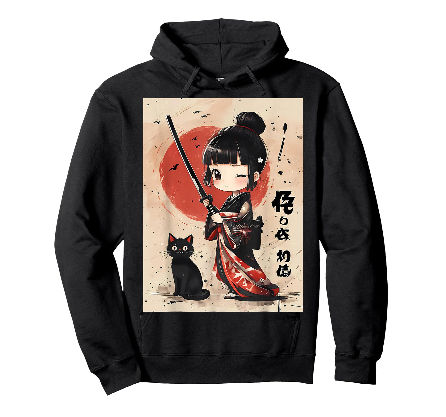 Cute Kawaii Samurai Girl with Katana Cat Japanese Anime T-Shirt