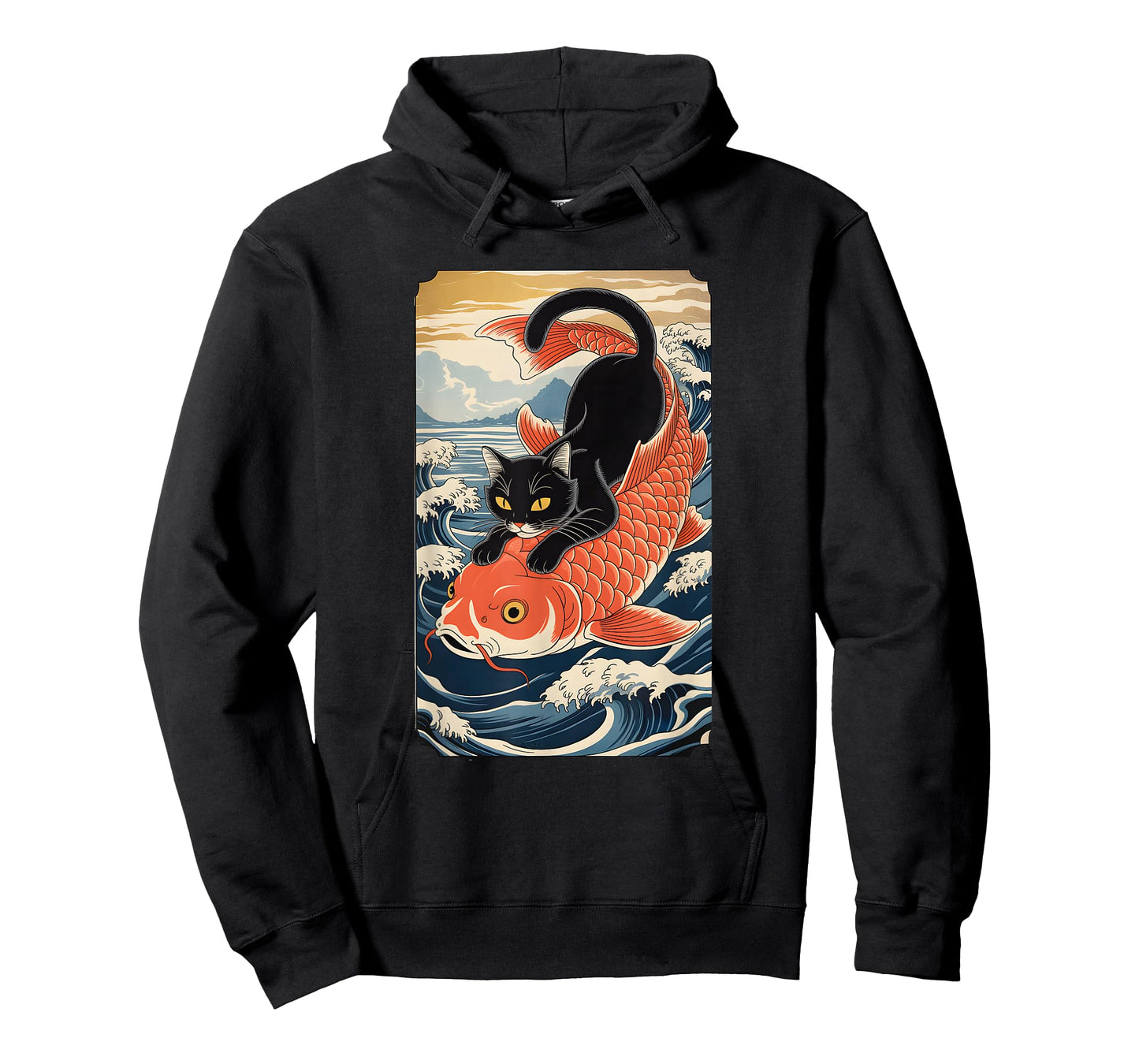 Cat Koi Japanese Black Ukiyoe Art Sakura Waves Zen T-Shirt