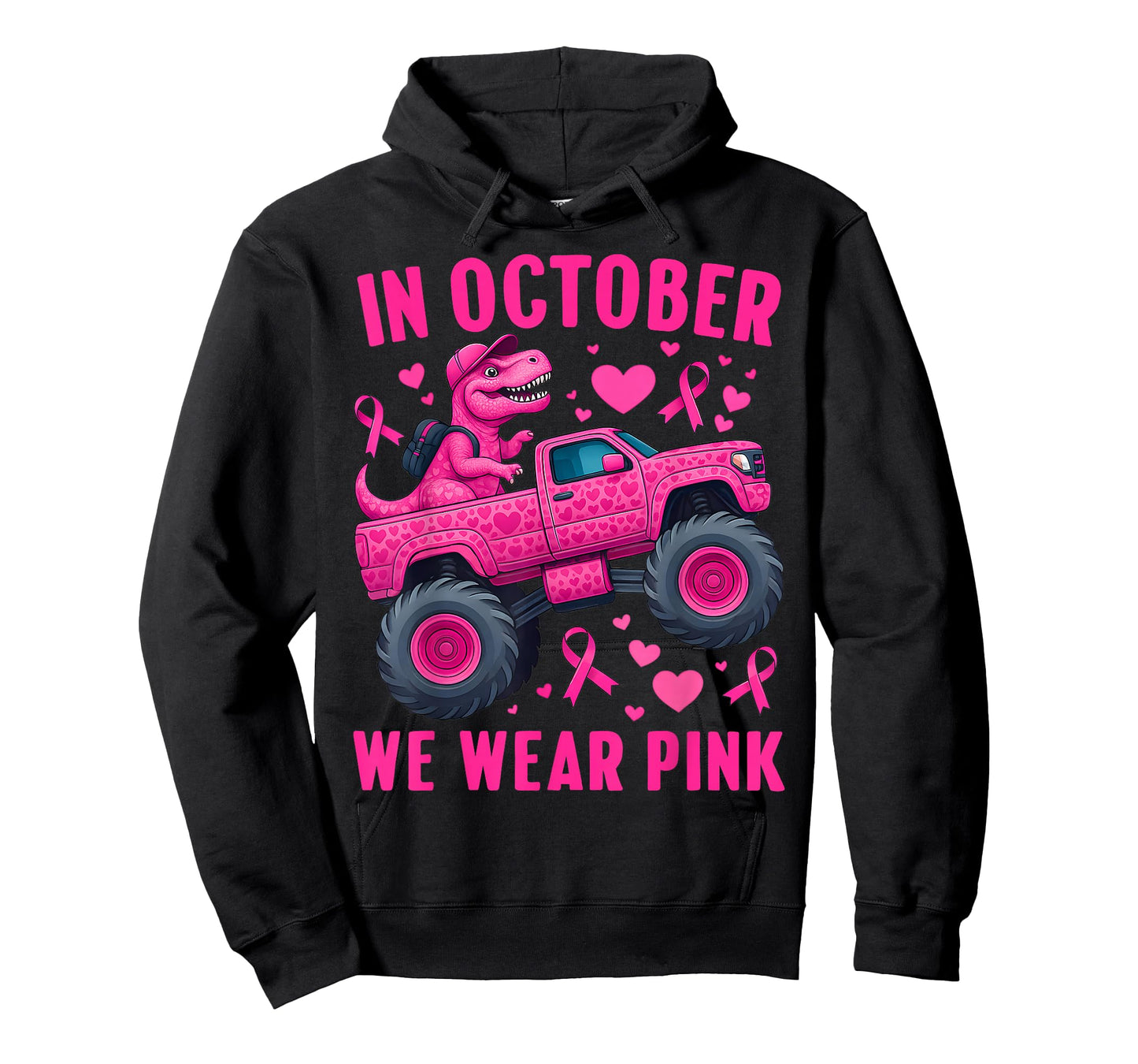 in October We Wear Pink T-rex Monster Truck Kids Boys Girls T-Shirt