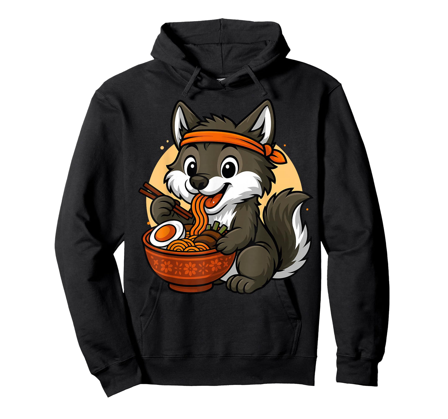 Kawaii Wolf Eating Ramen Graphic Japanese Wolf Graphic T-Shirt