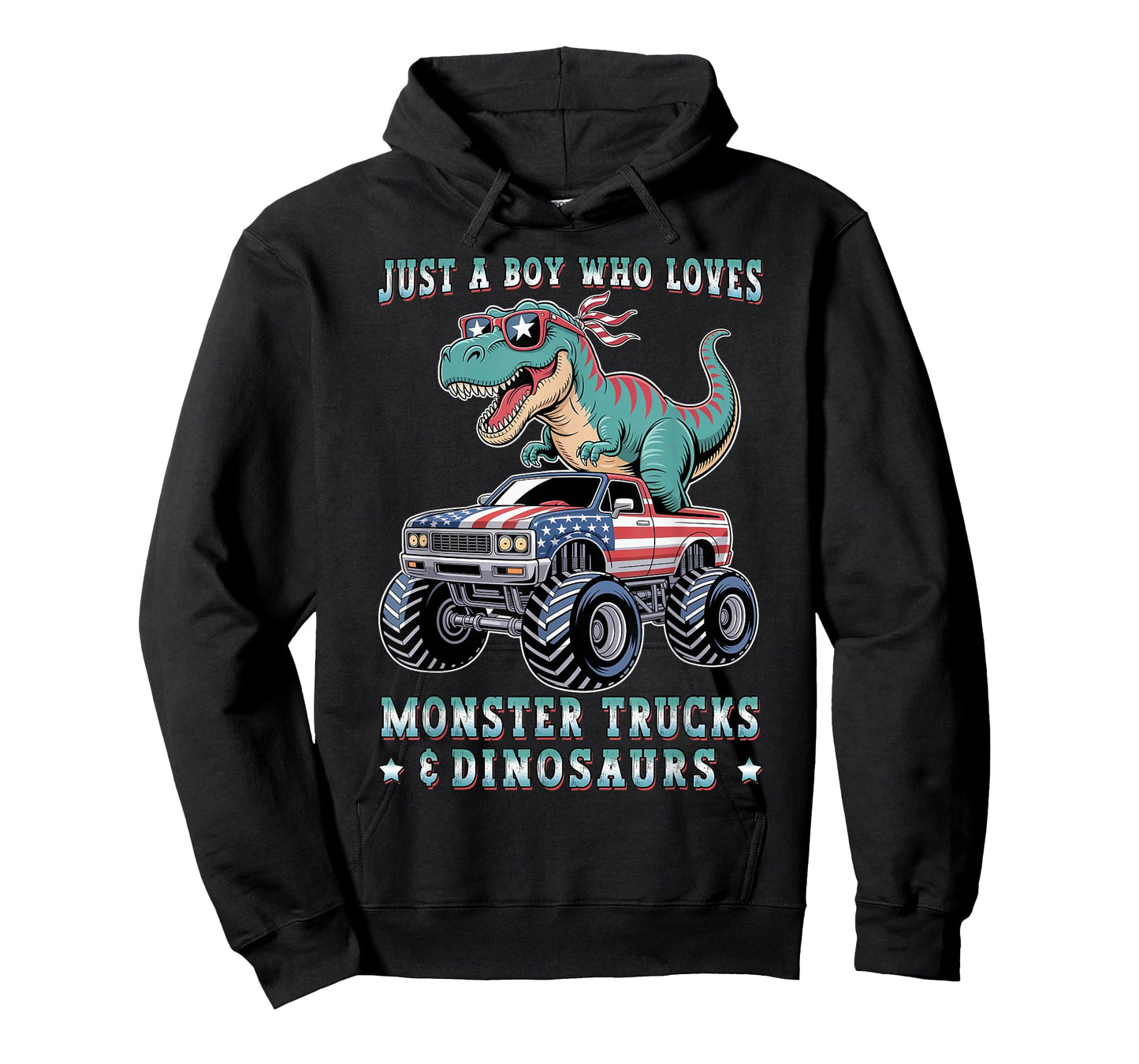 Just A Boy Who Loves Monster Trucks Dinosaurs Trex USA Flag T-Shirt