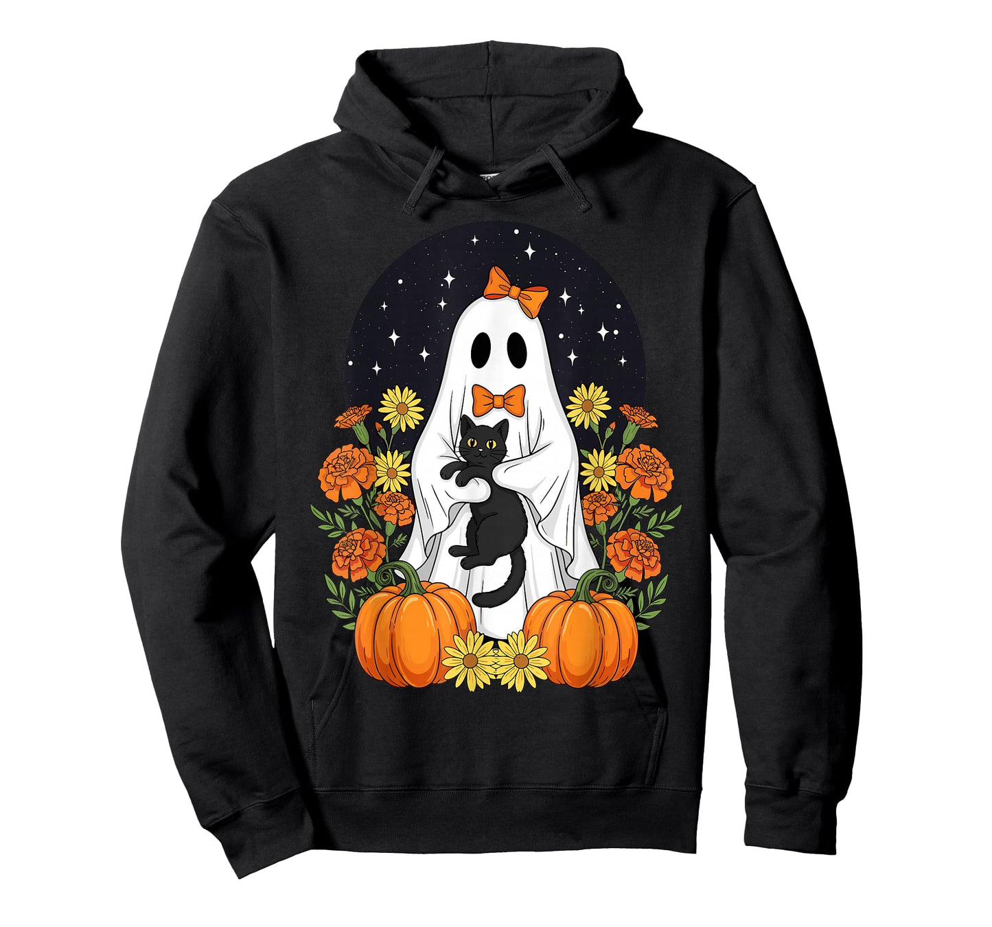 Vintage Halloween Ghost Holding Black Cat Groovy Floral T-Shirt