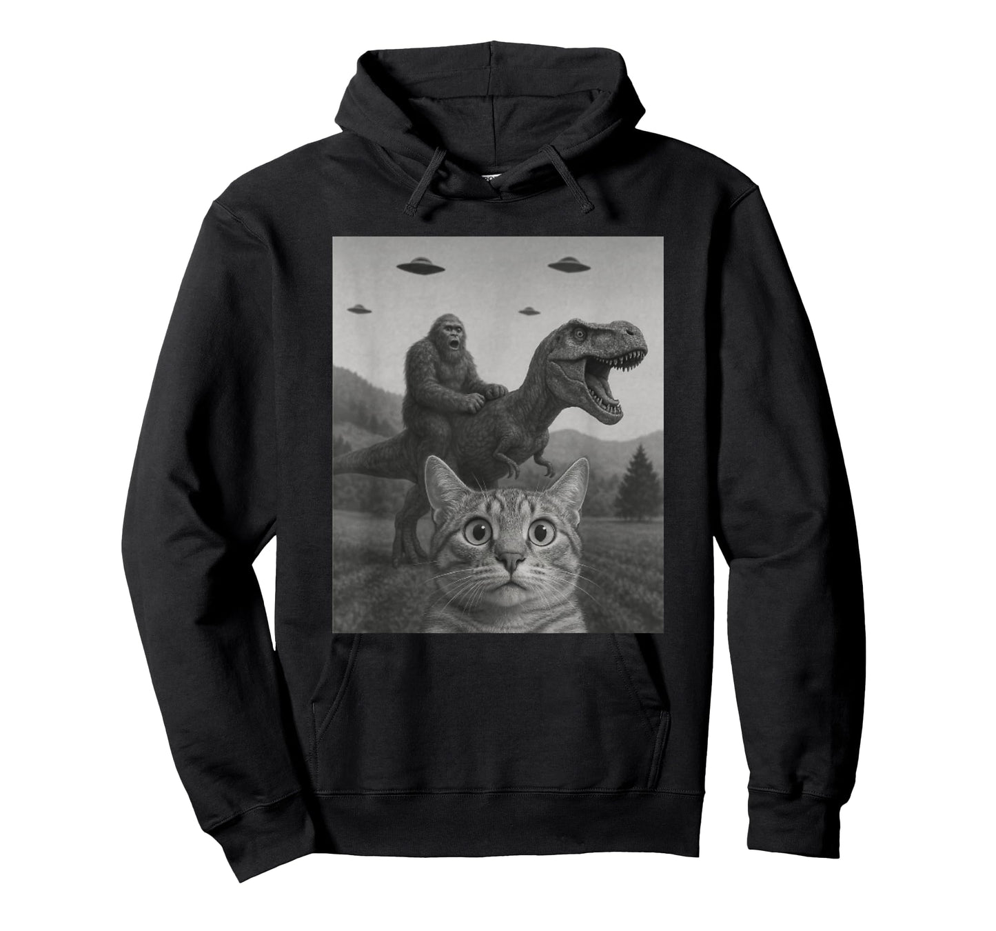 Cat Selfie with Bigfoot Riding T-rex Dinosaur Alien UFO T-Shirt