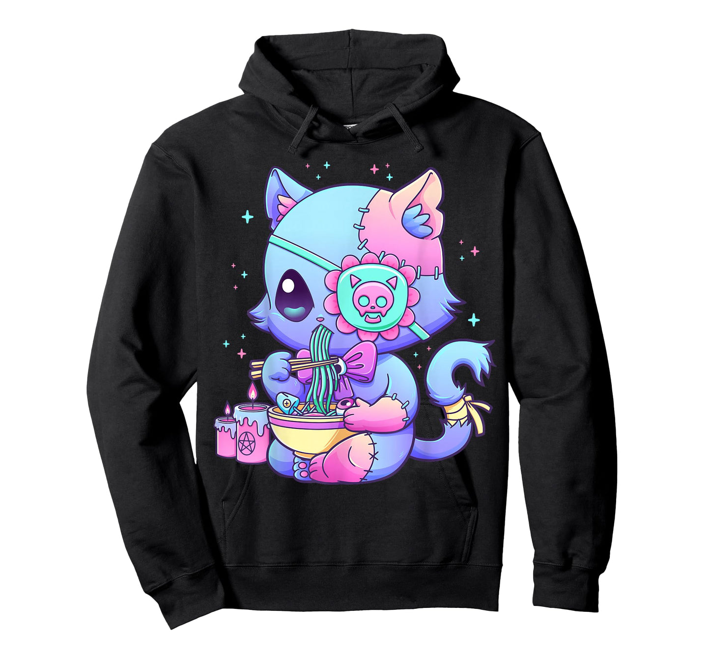 Pastel Goth Aesthetic Kawaii Creepy Cat Eating Ramen Noodles T-Shirt