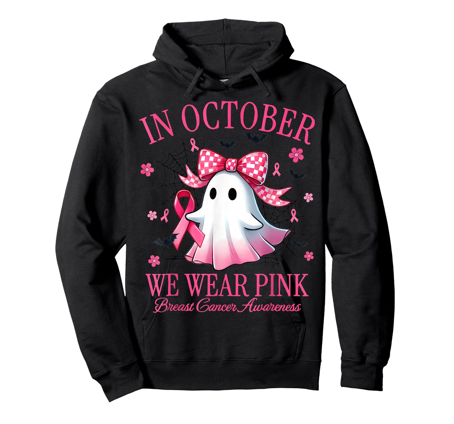 in October We Wear Pink Ghost Witch Breast Cancer Awareness T-Shirt