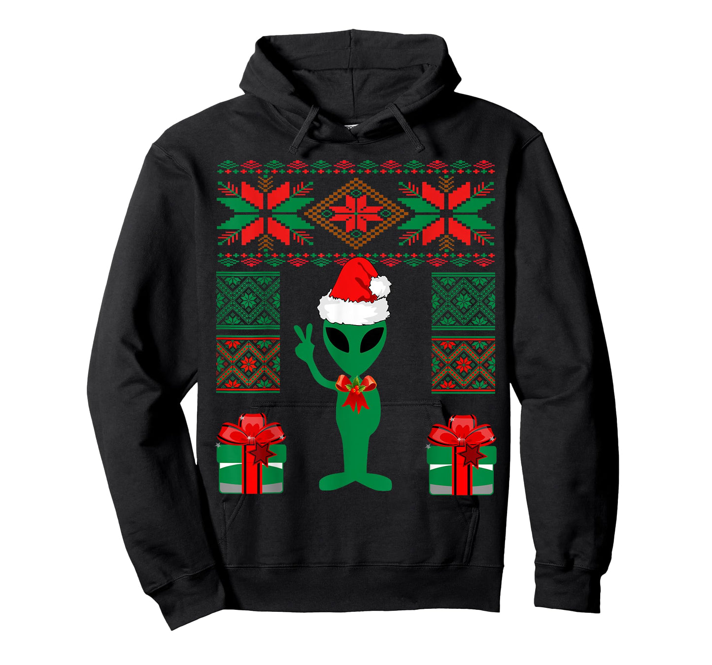 Alien Christmas Space UFO Present Peace Sign Santa Hat T-Shirt