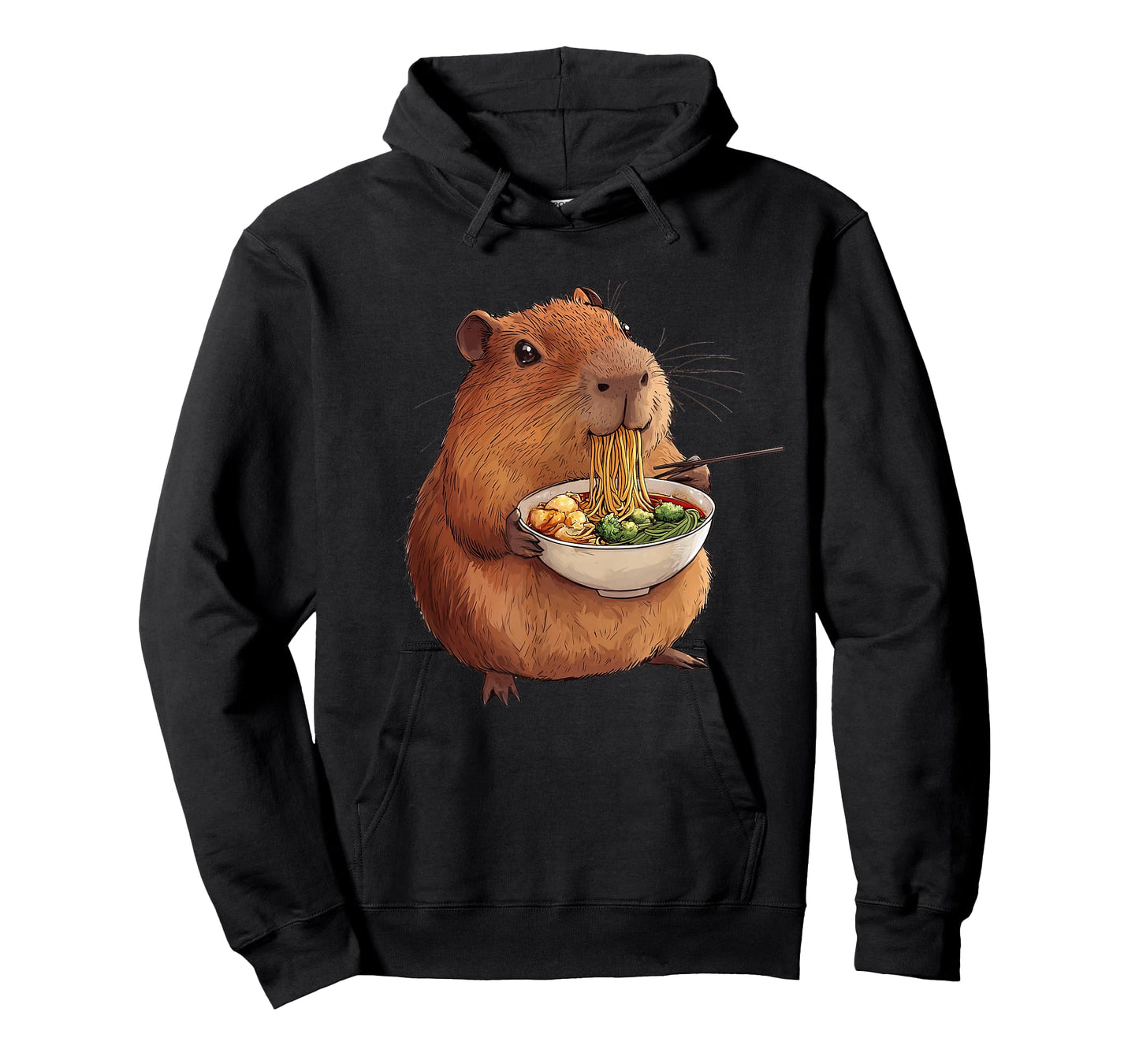 Capybara Designs. Kawaii Capybara Eating Ramen Noodles Anime Japanese Unisex-Adults and Kids T-Shirt - Black - Small - Short Sleeve