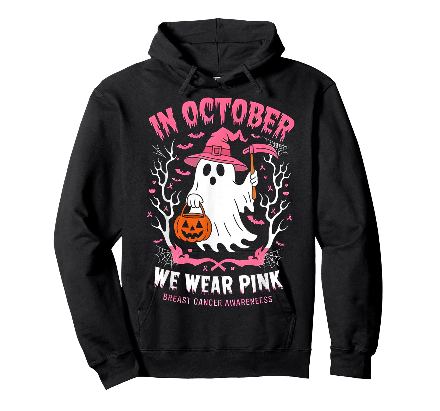 in October We Wear Pink Ghost Witch Breast Cancer Awareness T-Shirt