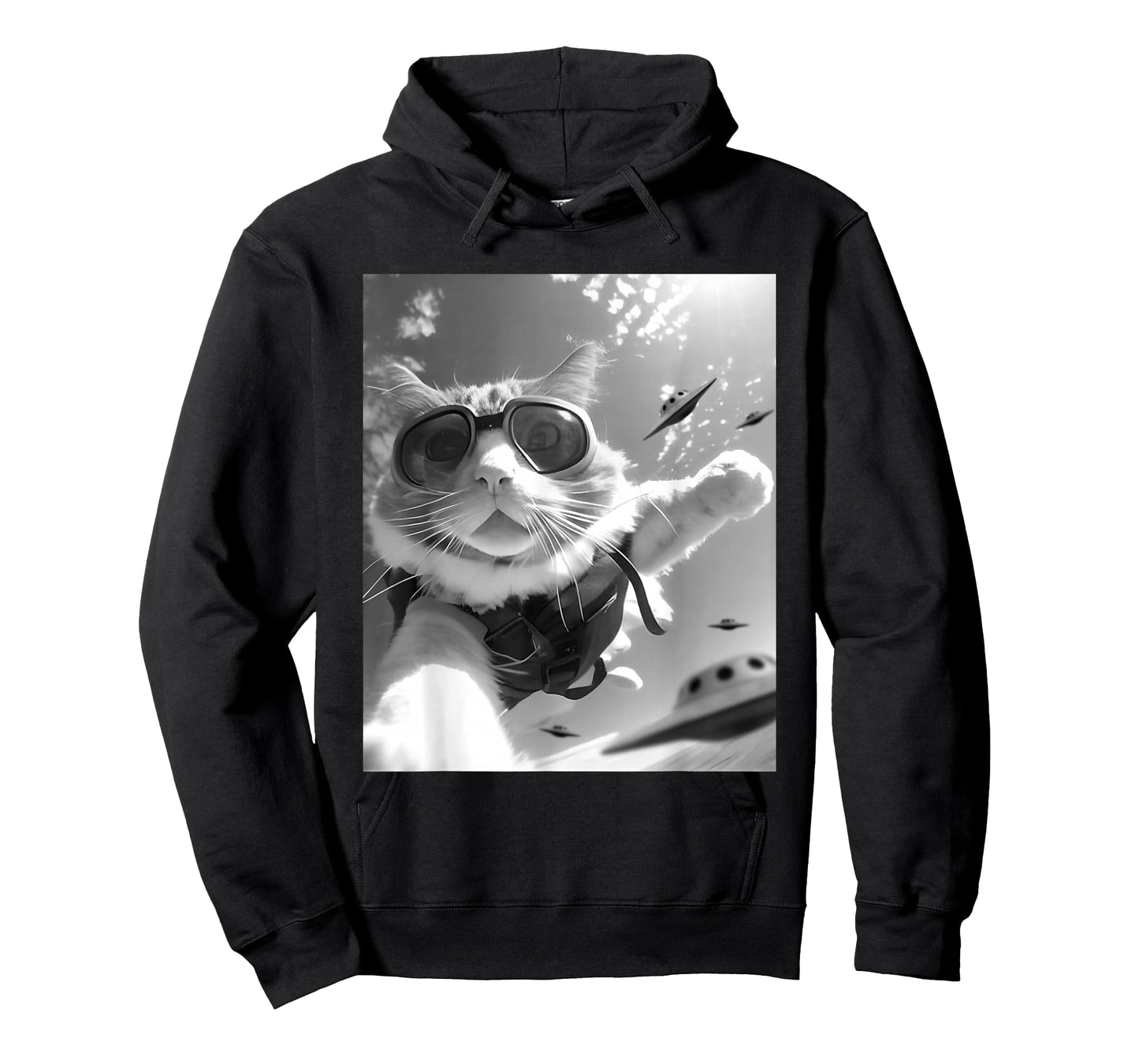 Funny Skydiving Cat Selfie with Alien UFOs T-Shirt