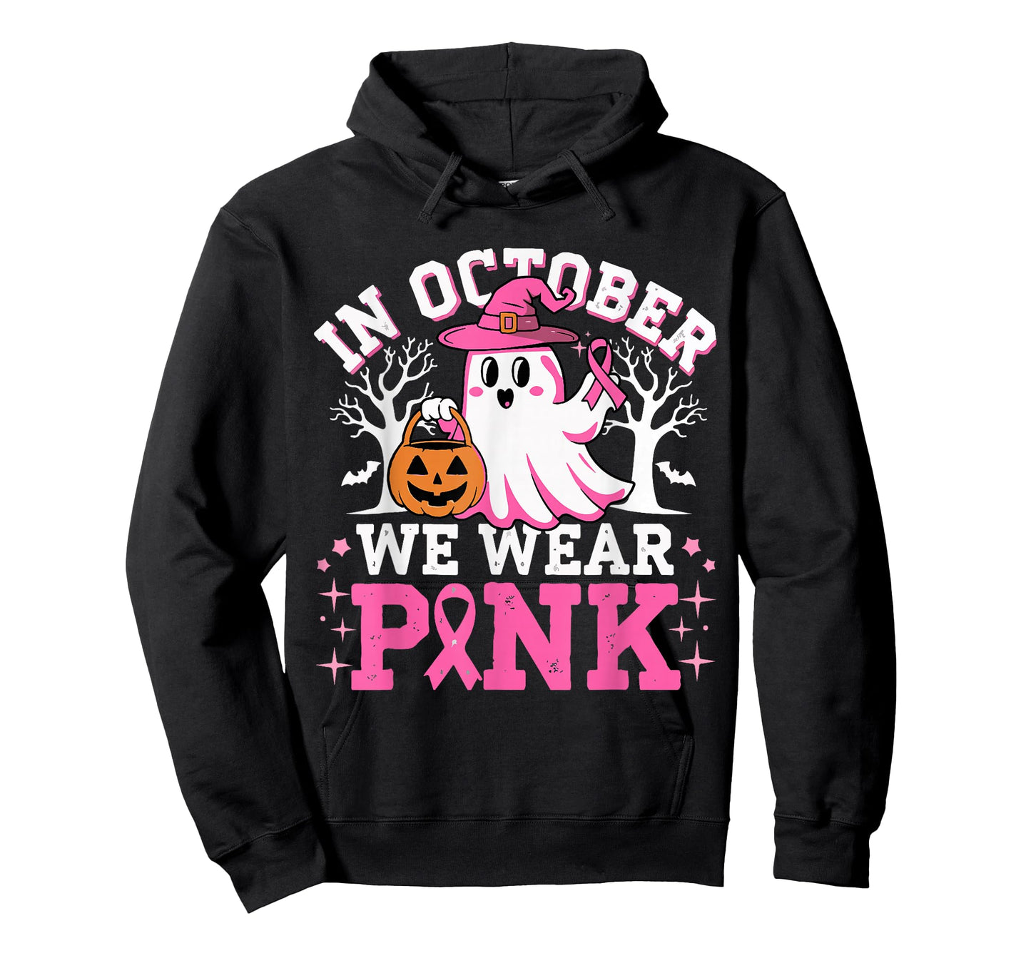 In October We Wear Pink Witch Ghost Halloween Breast Cancer T-Shirt