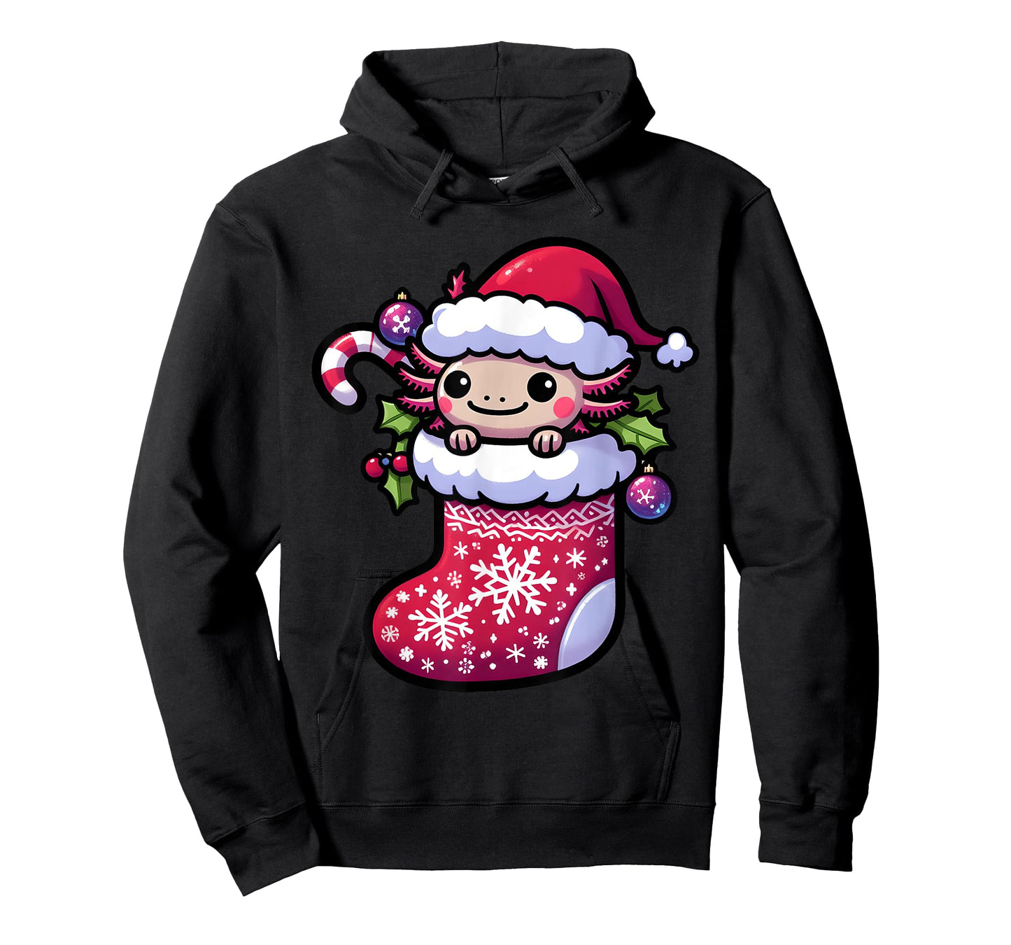 Cute Christmas Candy Cane Santa Axolotl in Xmas Stocking T-Shirt