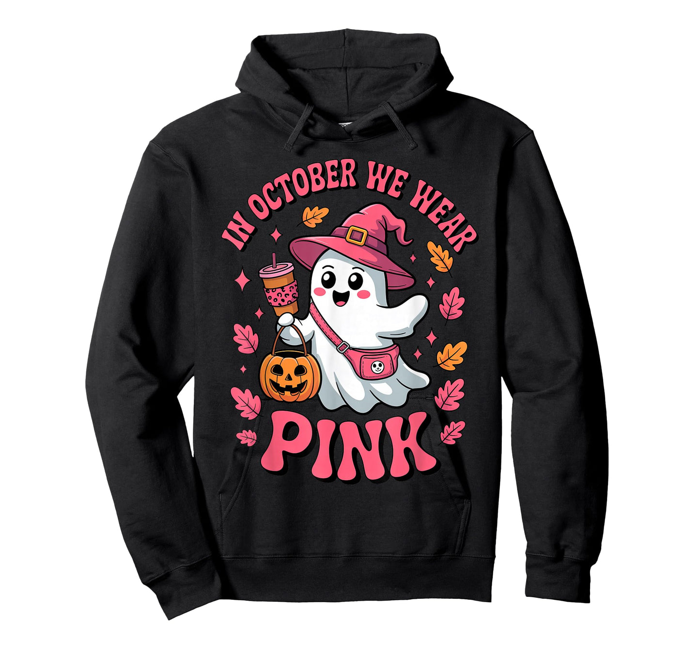 in October We Wear Pink Cute Ghost Halloween Drinking Coffee T-Shirt