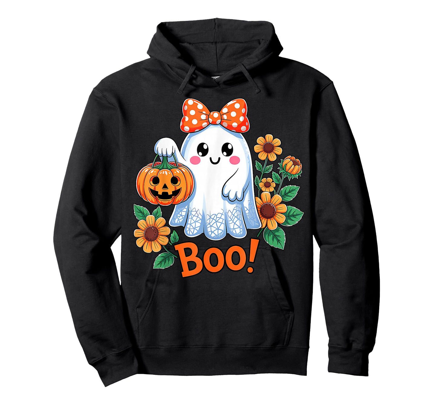 Retro Floral Boo Ghost Pumpkin Bow Halloween Women Girls T-Shirt