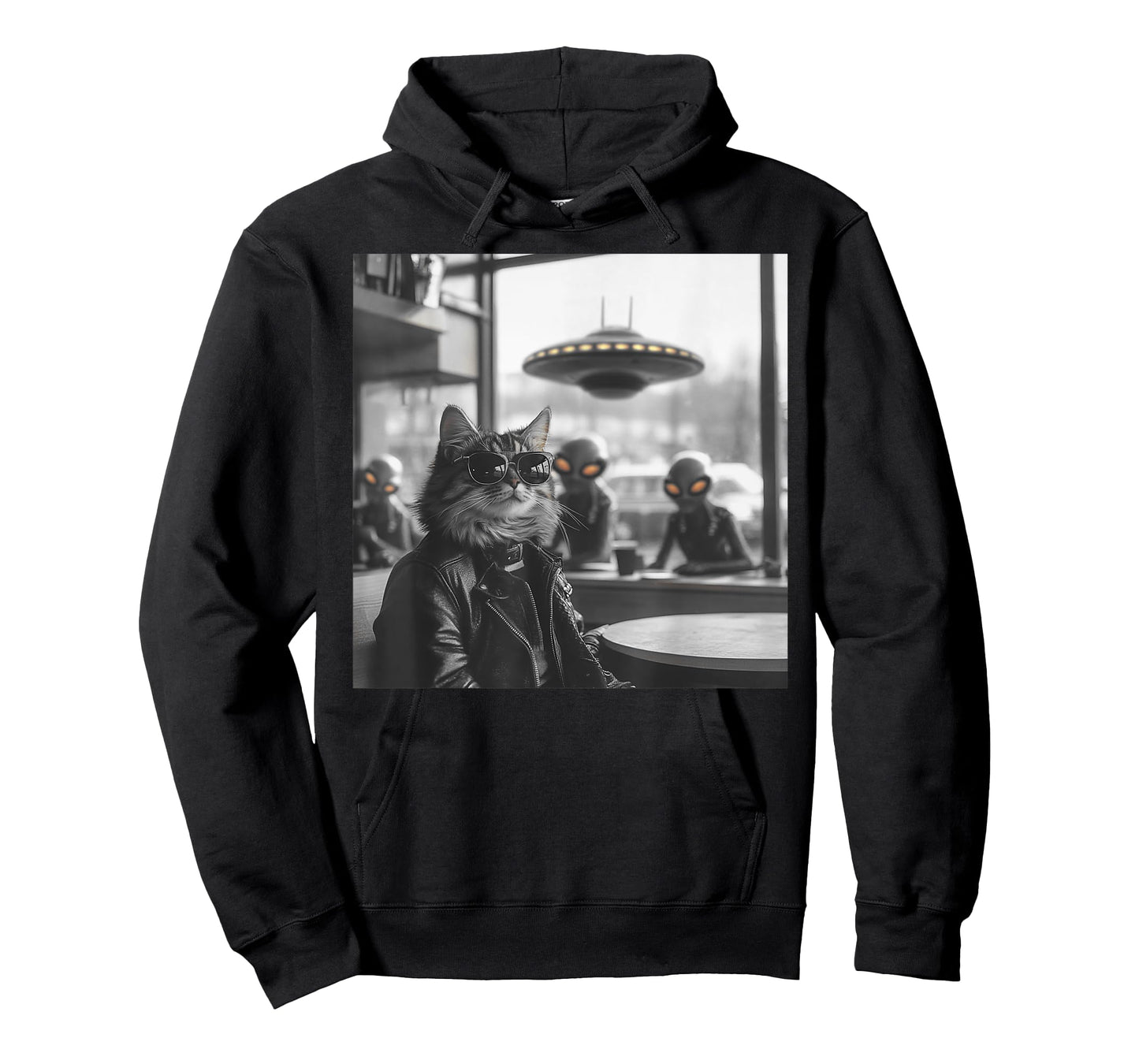 Cat in a Coffee Shop with Aliens and UFO T-Shirt