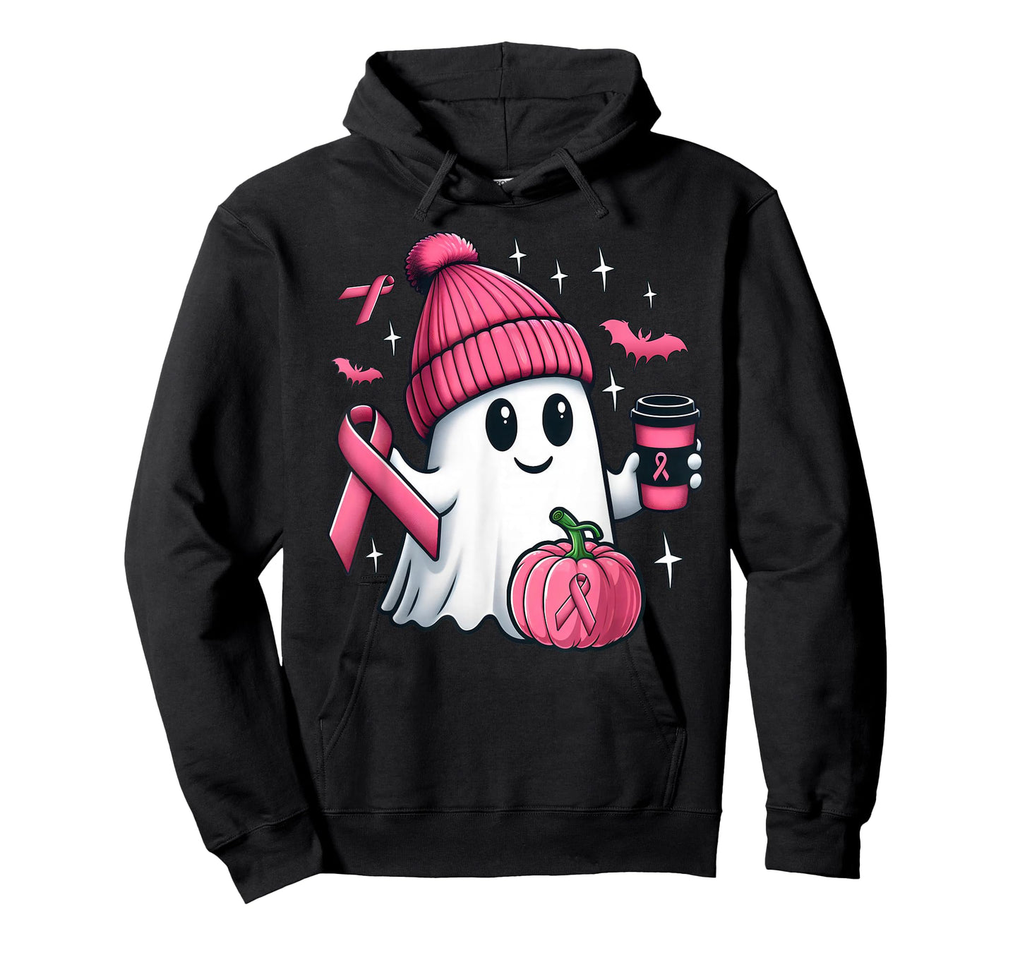 Cute Ghost Drinking Coffee Halloween Breast Cancer Awareness T-Shirt