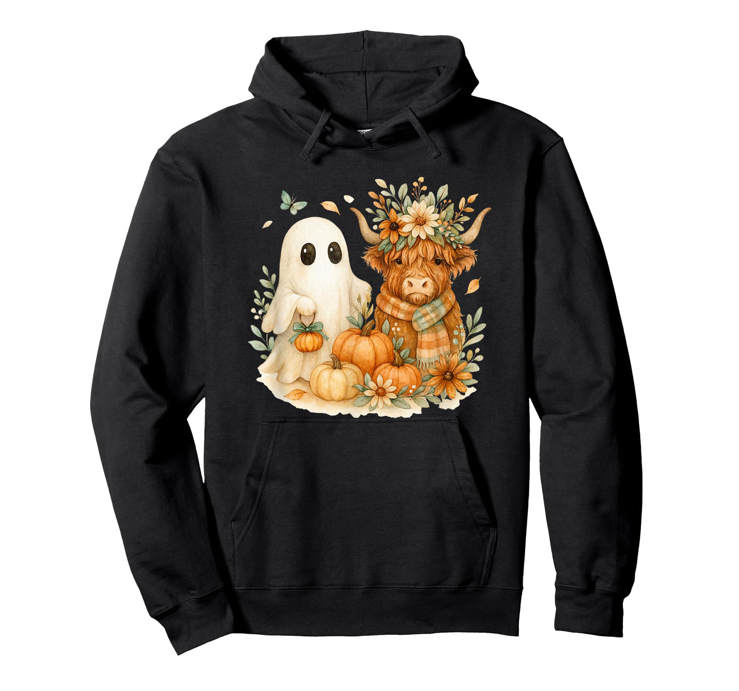 Highland Cow & Ghost Pumpkin Patch Watercolor Halloween T-Shirt