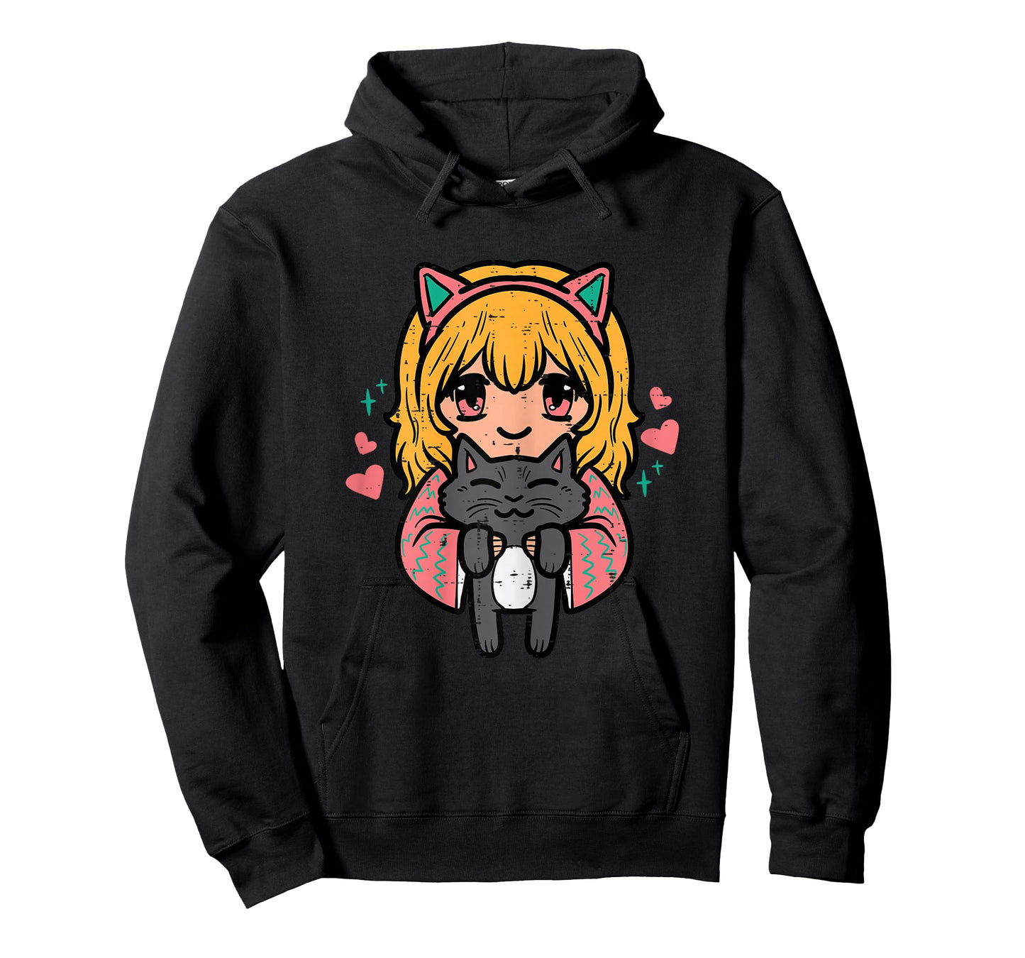 Anime Girl Black Cat Kawaii Japanese Otaku Girls Women Kids T-Shirt