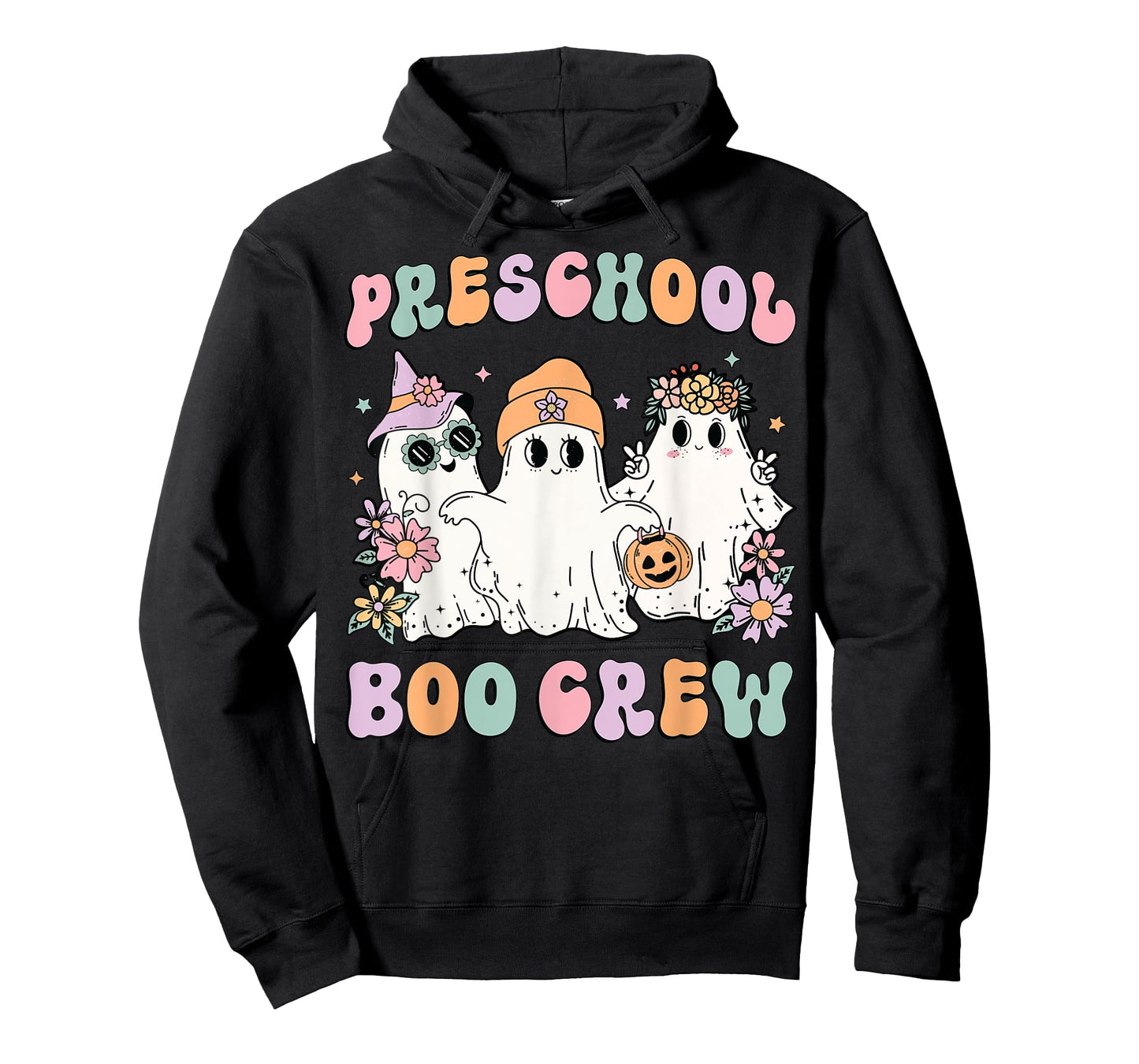 Preschool Boo Crew Groovy Halloween Floral Ghost Teacher Men Women Kids T-Shirt