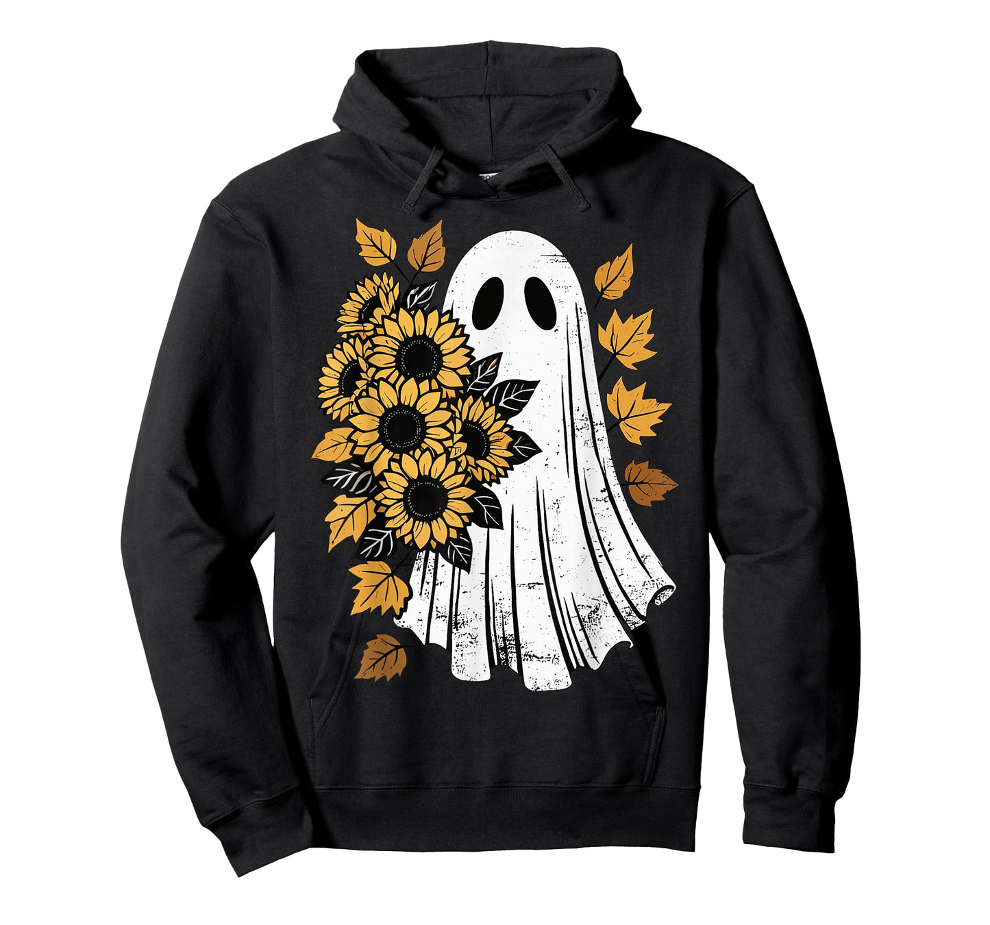 Vintage Halloween Ghost with Sunflowers Autumn Leaves Spooky T-Shirt