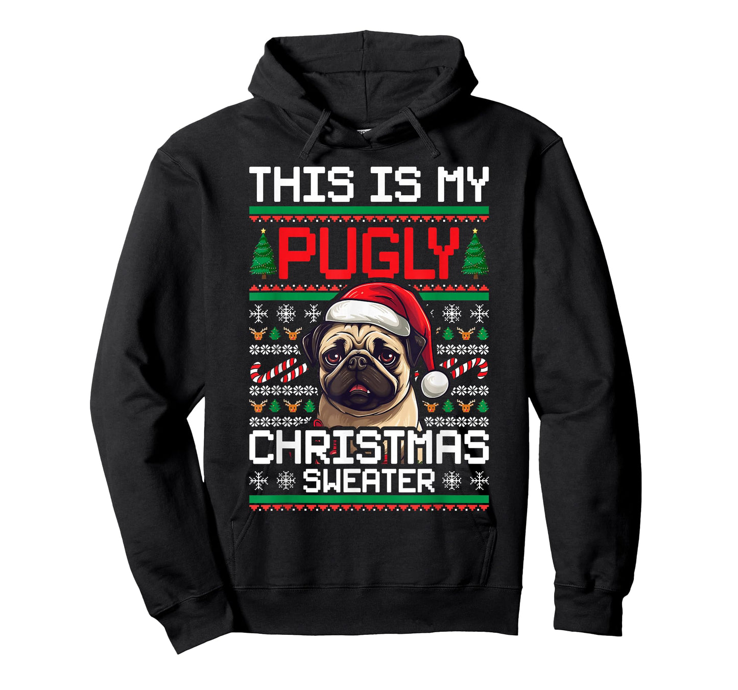 Ugly Christmas Sweater Pug Candy Cane Graphic T-Shirt
