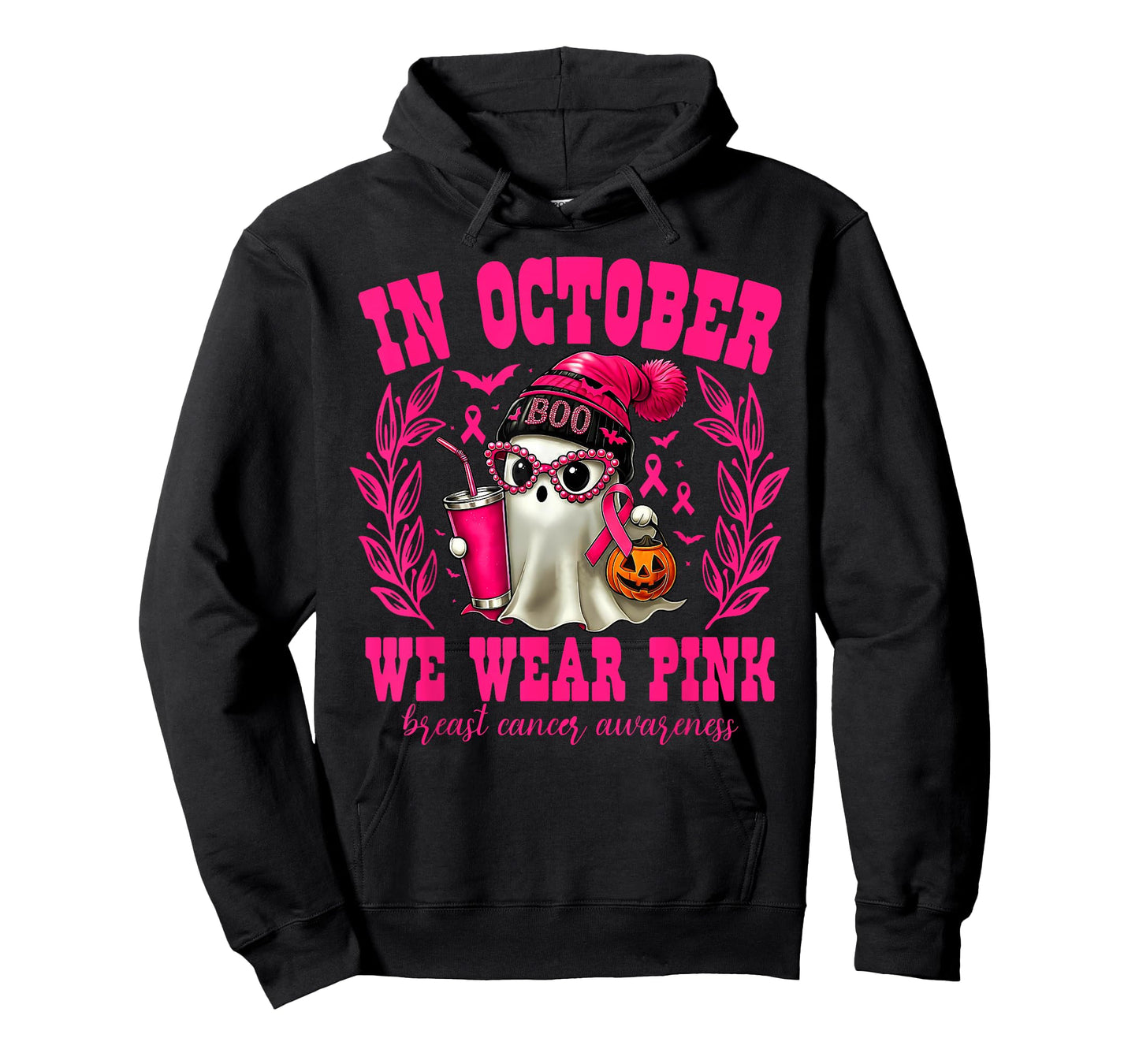 in October We Wear Pink Ghost Beanie Halloween Breast Cancer T-Shirt