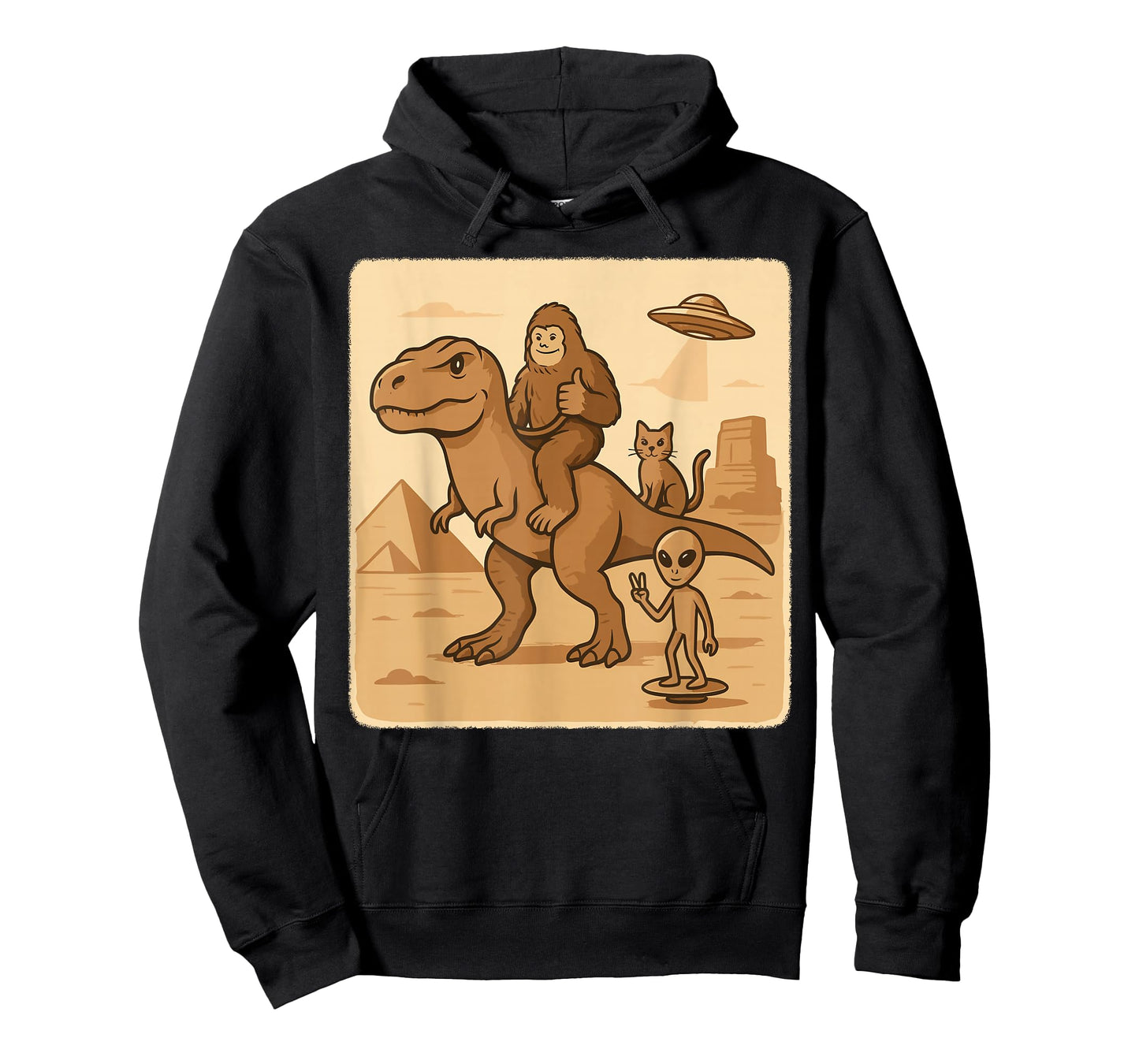 Bigfoot Riding T Rex with Alien Cat UFO Desert Scene T-Shirt