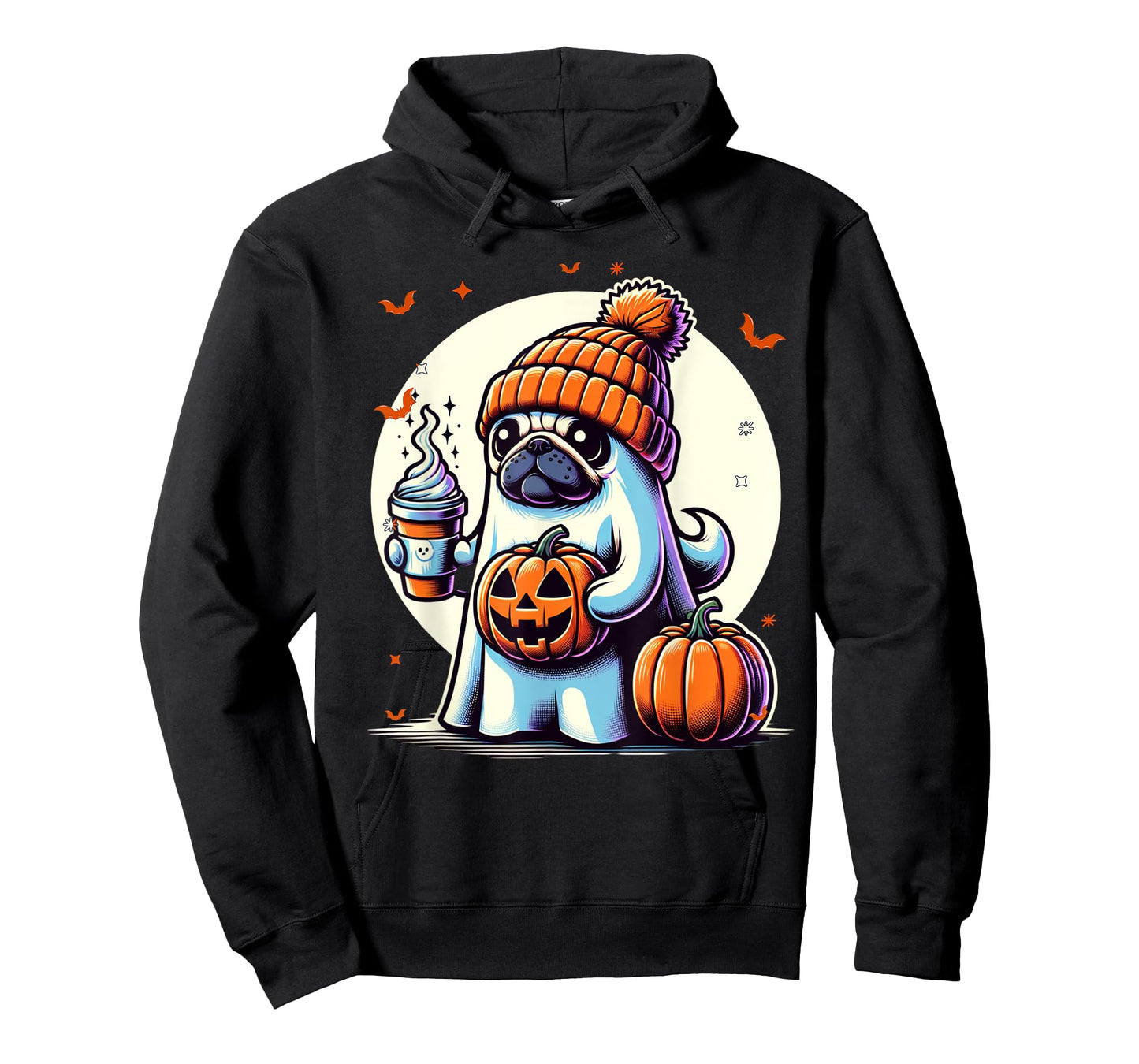 Ghost Pug Pumpkin Drinks Beanie Fall Halloween T-Shirt