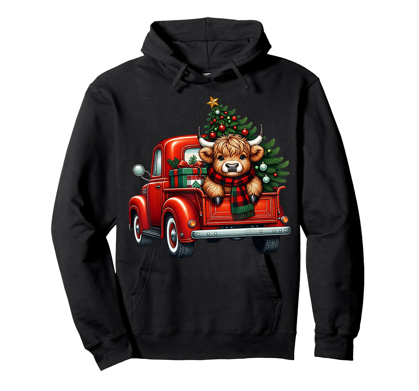 Merry Christmas Highland Cow Santa Hat Red Truck Xmas Tree T-Shirt