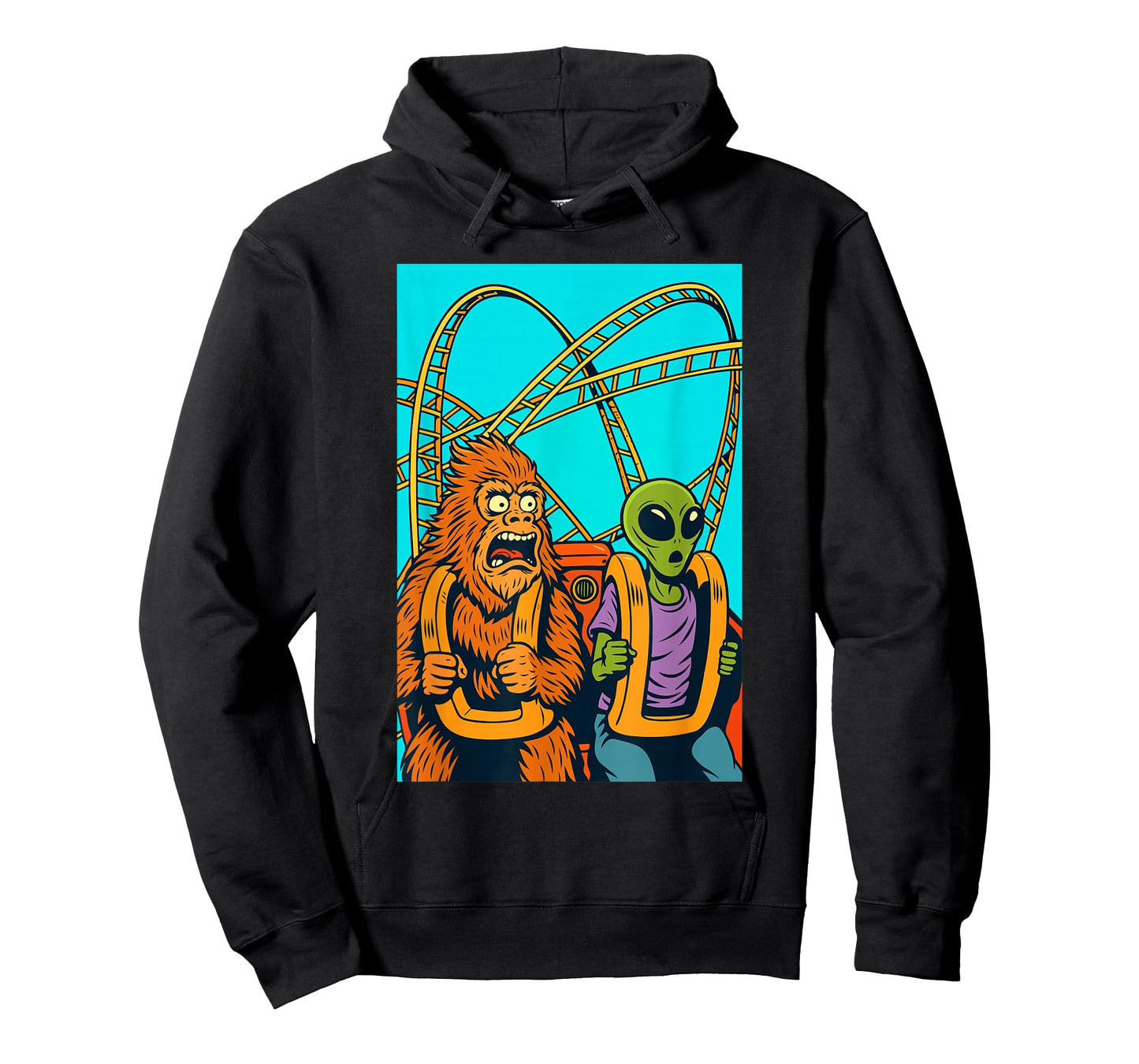 Bigfoot and Alien Riding Roller Coaster Amusement Theme Park T-Shirt
