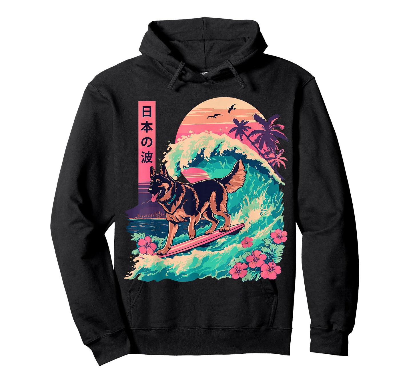 Japanese German Shepherd Surfing Wave Great Wave Japan T-Shirt