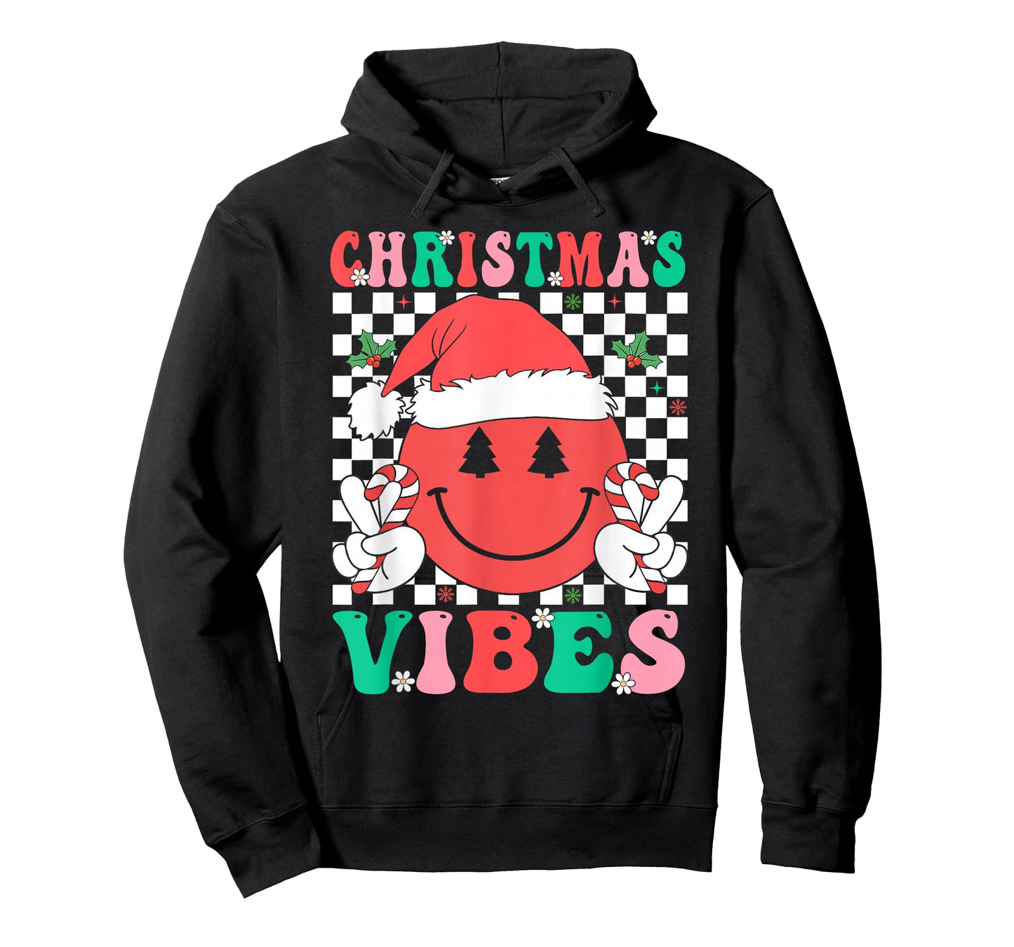 Groovy Christmas Vibes Smile Face Santa Hat Xmas Girls Women T-Shirt