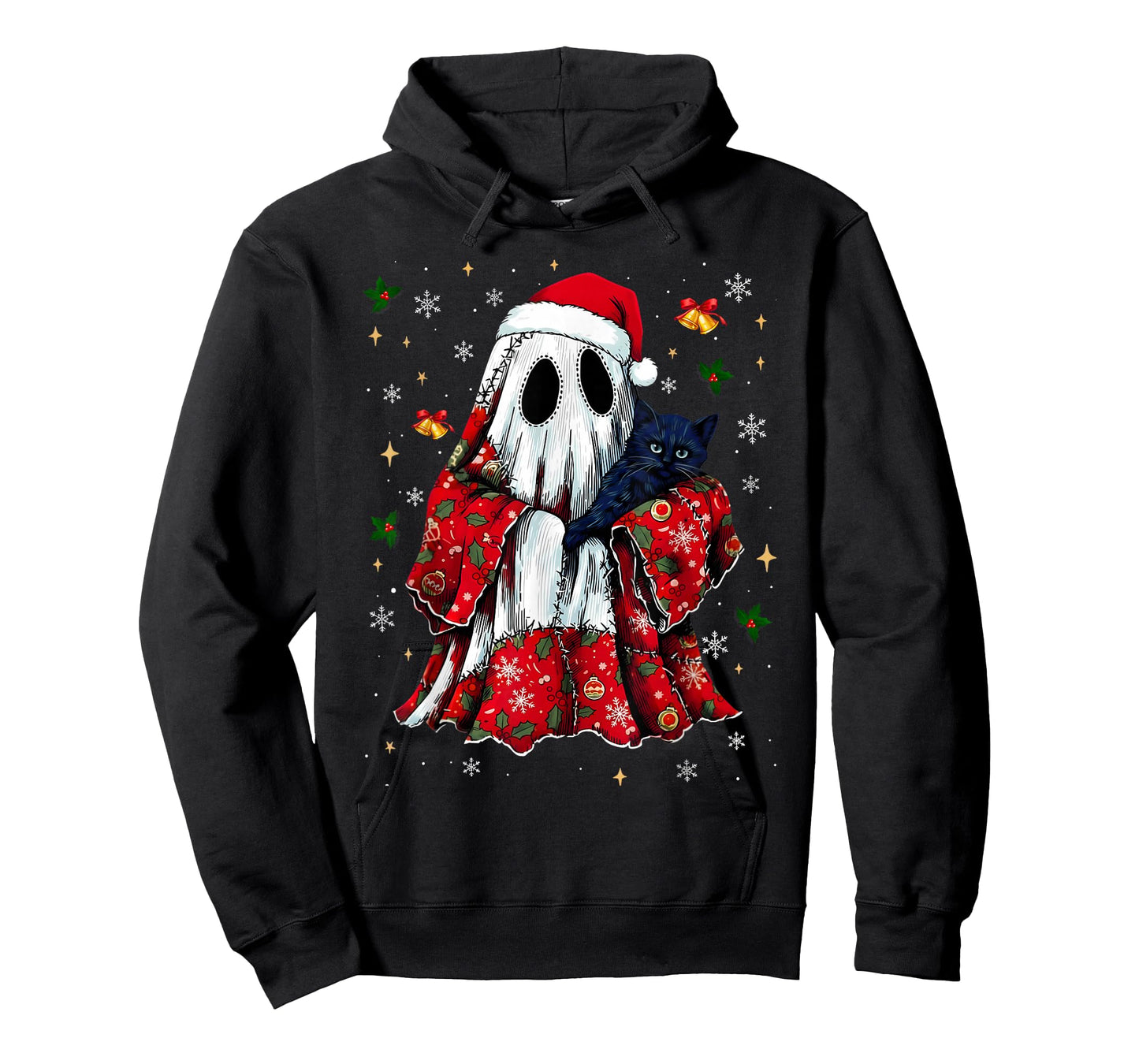 Vintage Christmas Ghost Holding Black Cat Groovy Floral T-Shirt
