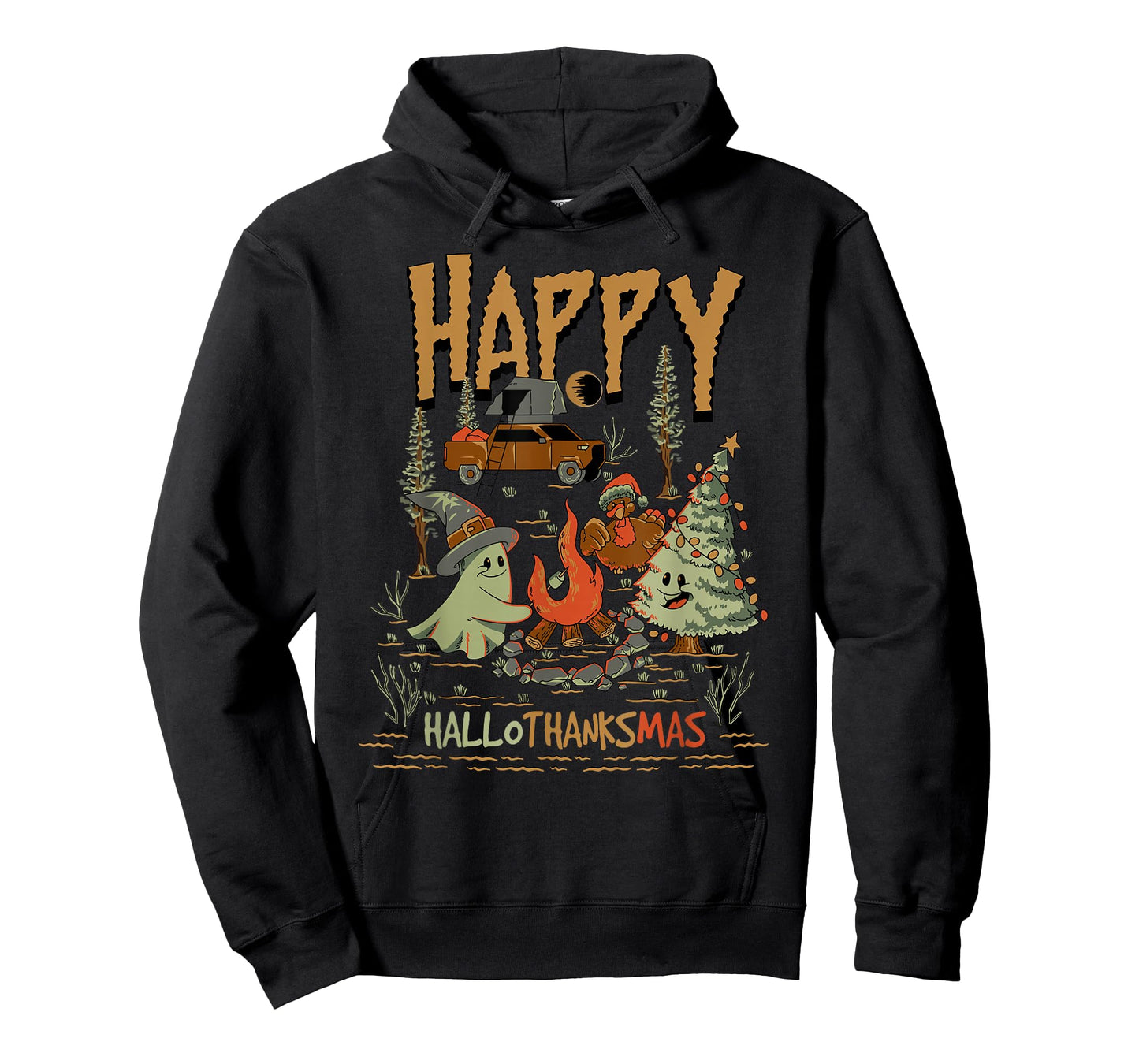 Happy HalloThanksMas Camping Ghost Turkey Tree Design T-Shirt