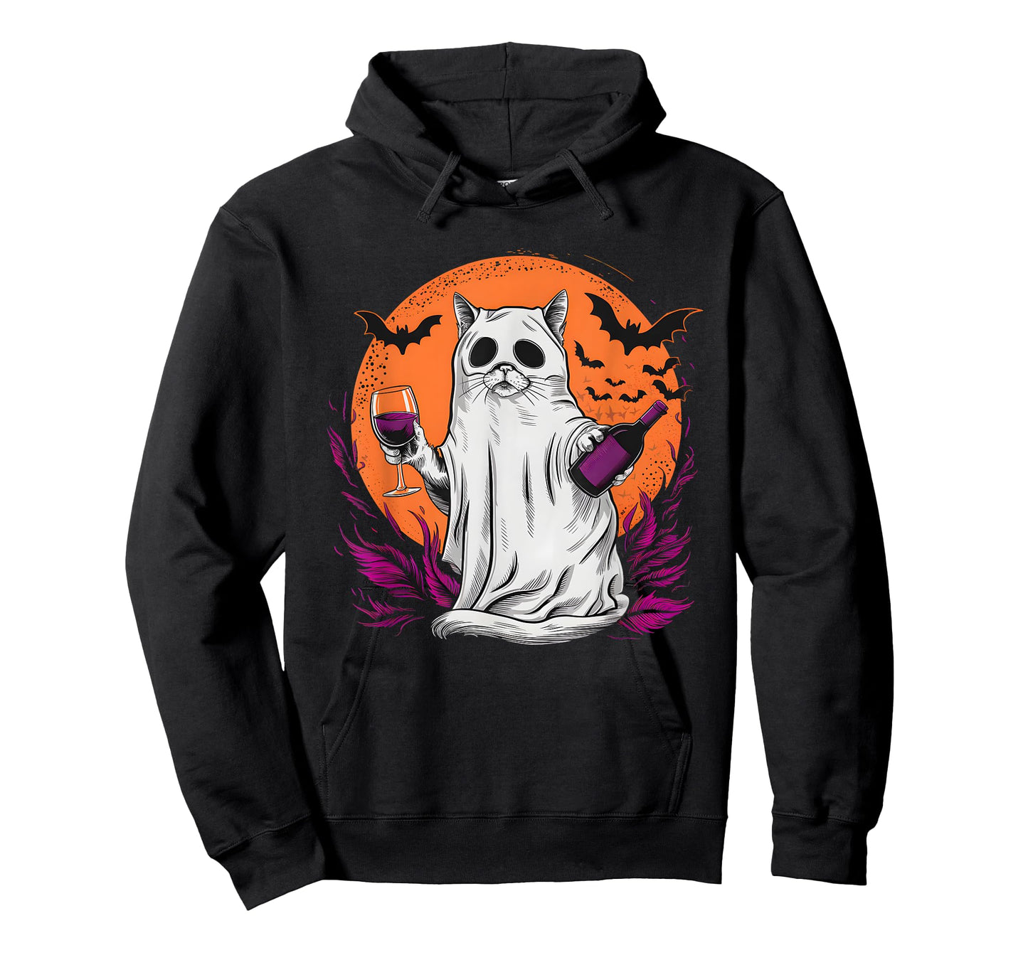 Halloween Ghost Cat Holding Wine Glass T-Shirt