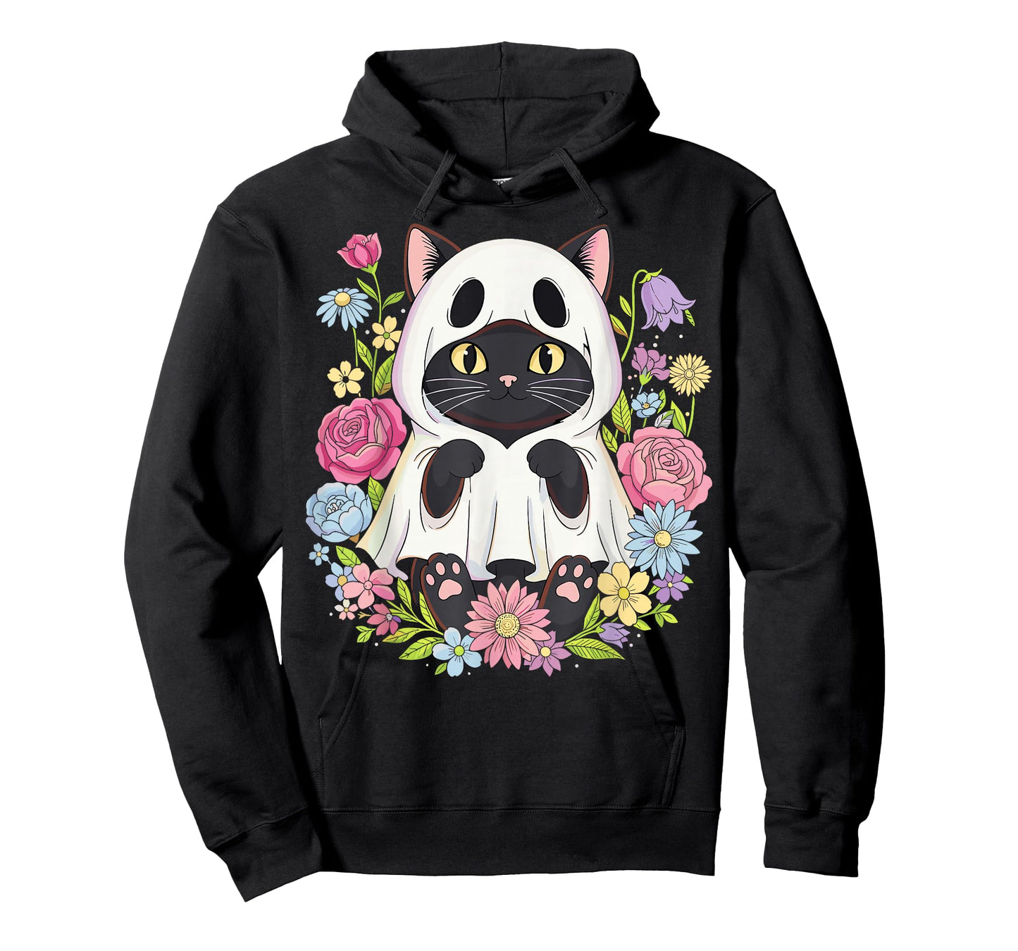 Halloween Black Cat Ghost Costume Flowers T-Shirt