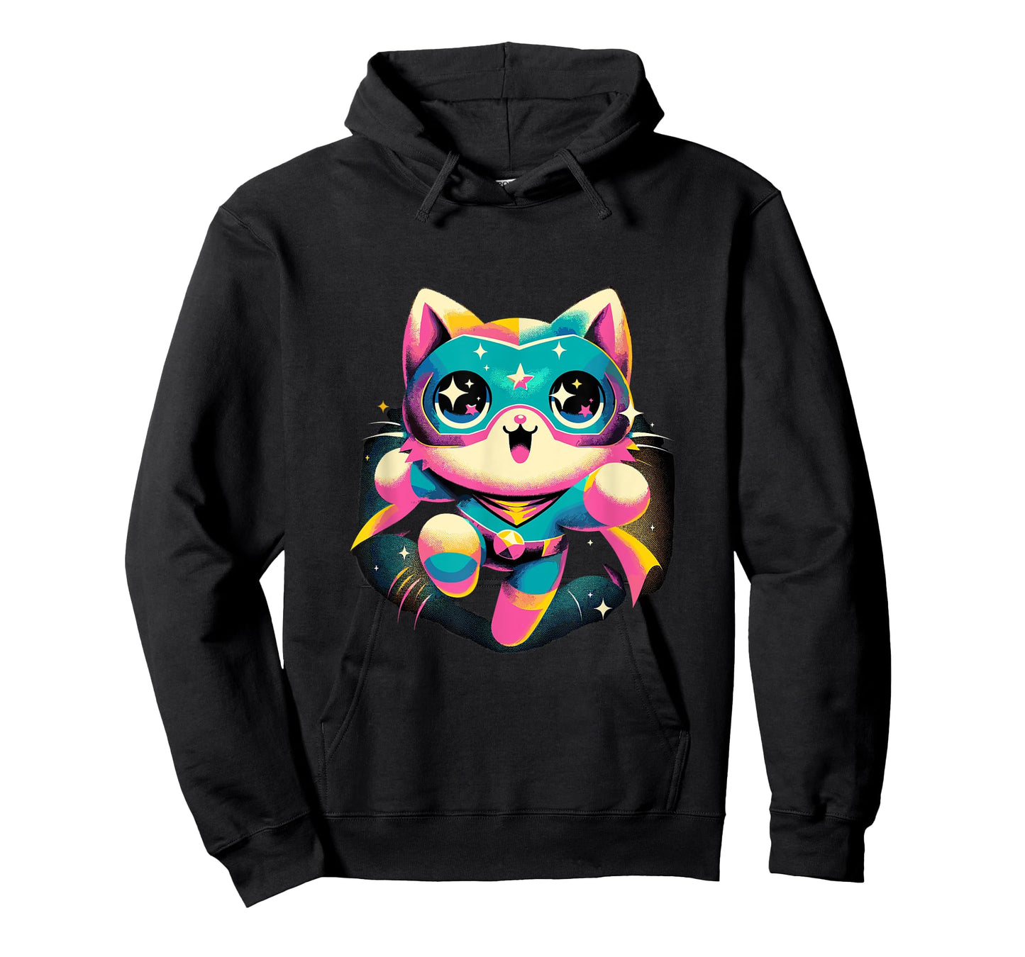 Kawaii Cat Hero - Cute Anime Superhero T-Shirt, Small, Black