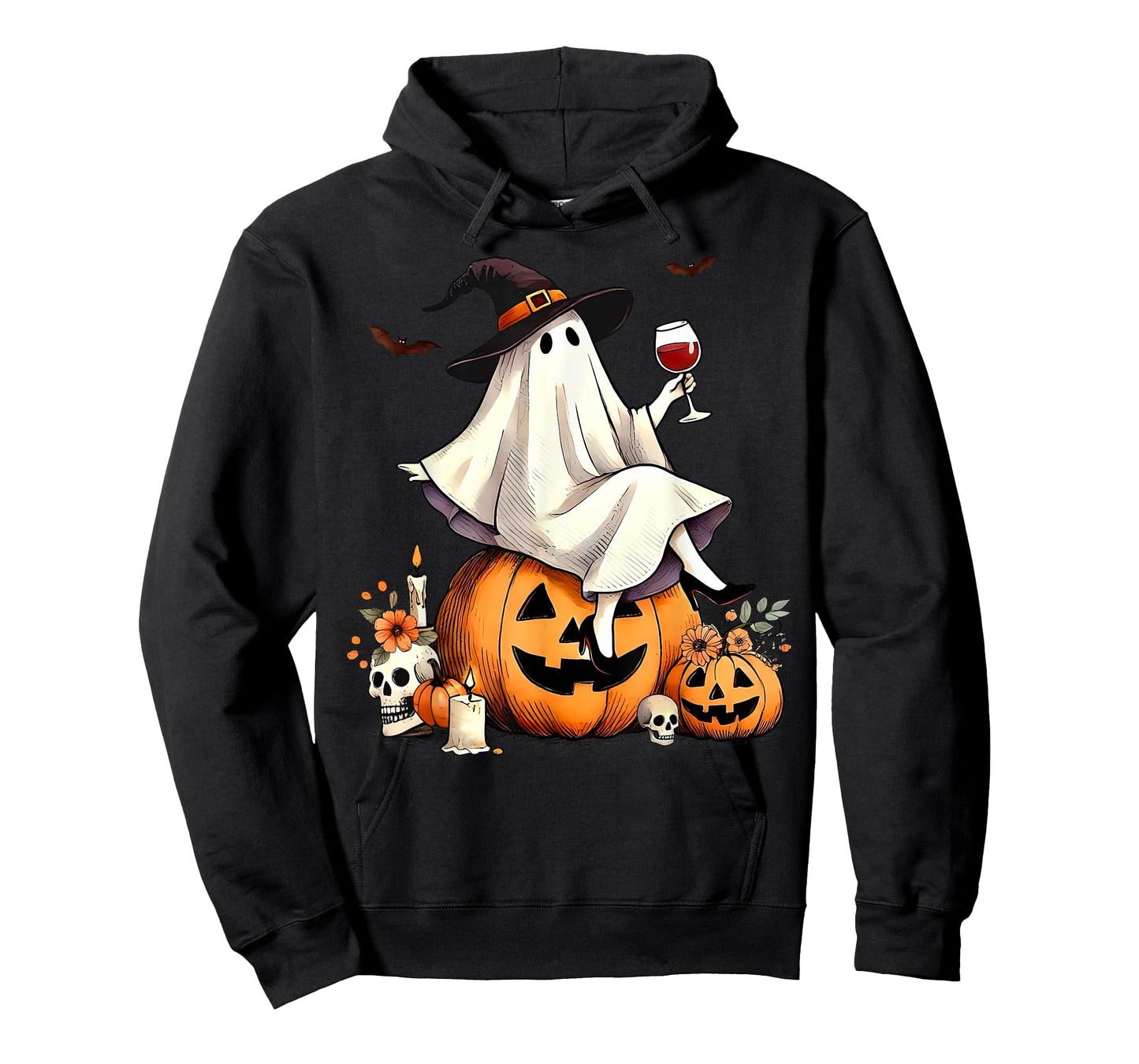 Witch Ghost Wine Drinking Pumpkin Halloween Spooky Season T-Shirt