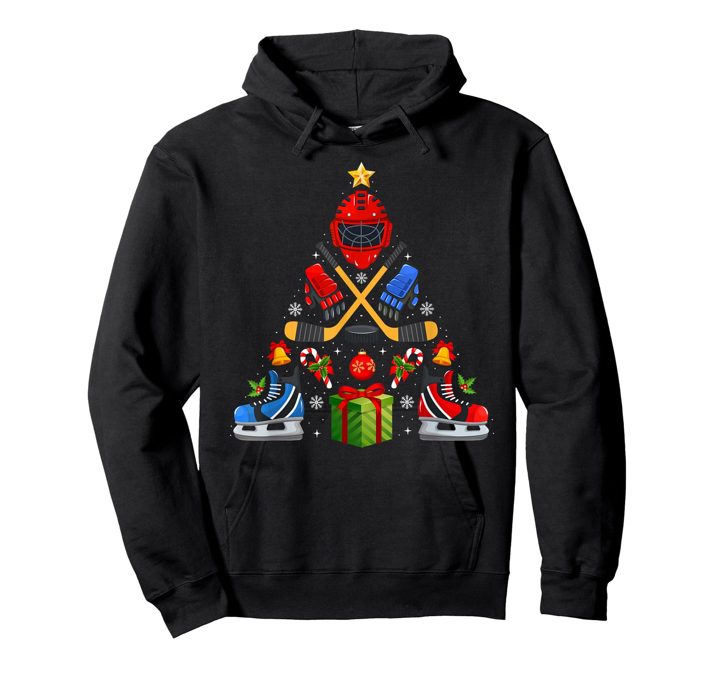 Ice Hockey Christmas Tree Lights Red Santa Hat Xmas Pajamas T-Shirt