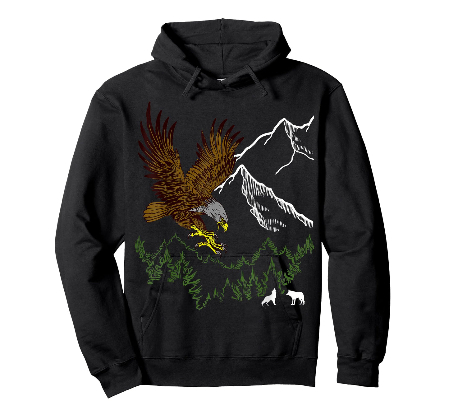 Mountain Forest tree Design Eagle Bird, Wolf Animal Graphic T-Shirt