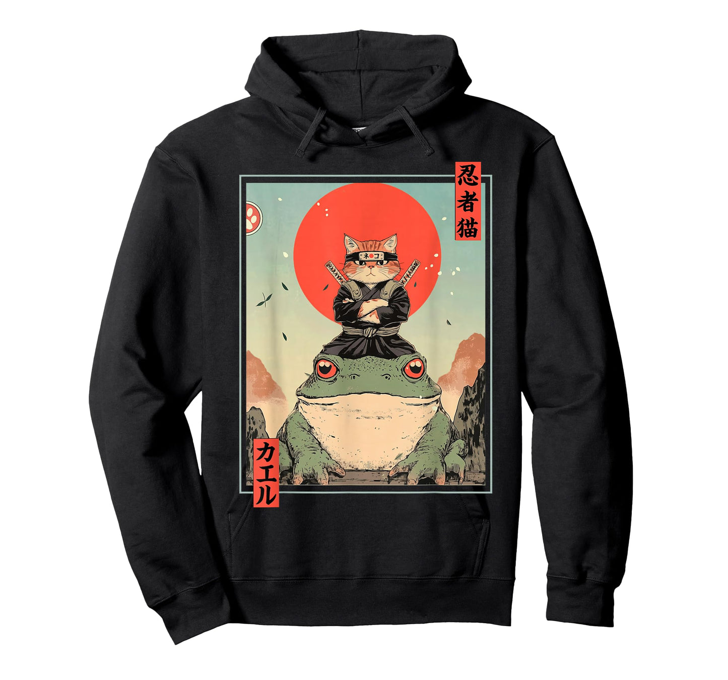 Japanese Ninja Cat and Frog Retro Anime Style Graphic T-Shirt