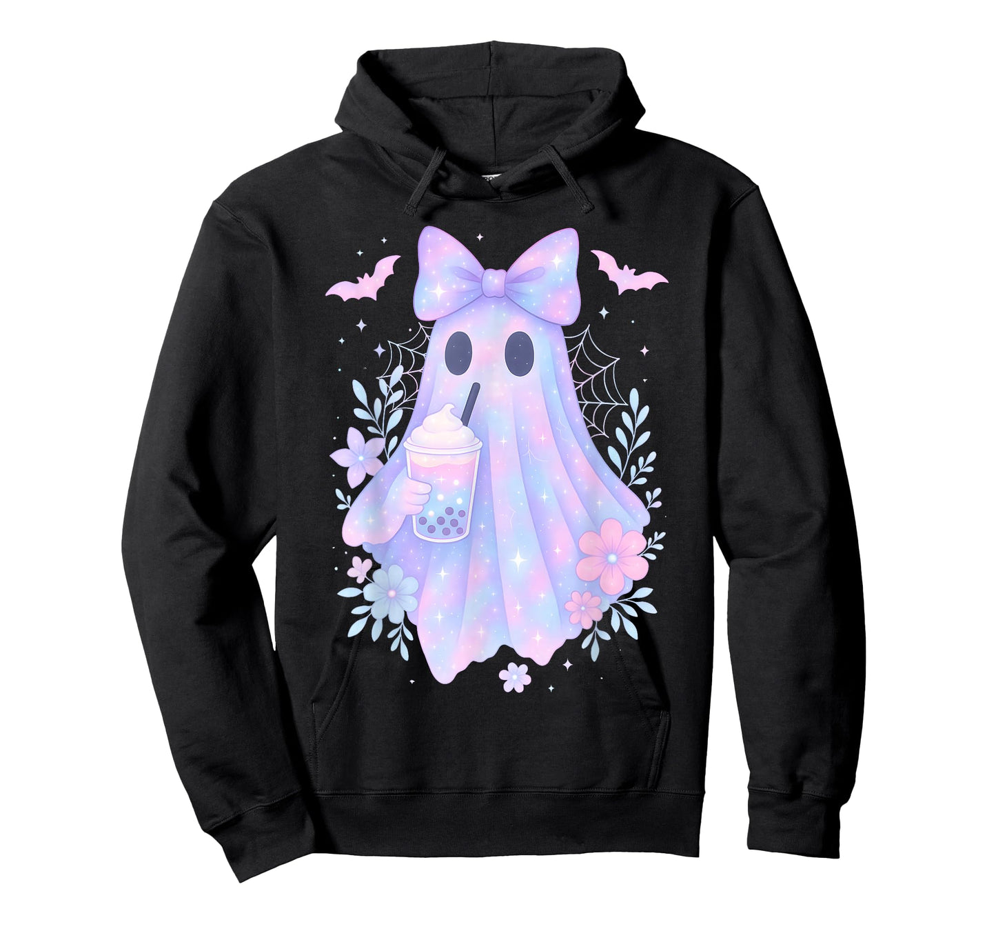 Kawaii Pastel Galaxy Ghost Bubble Tea Halloween Coquette Bow T-Shirt