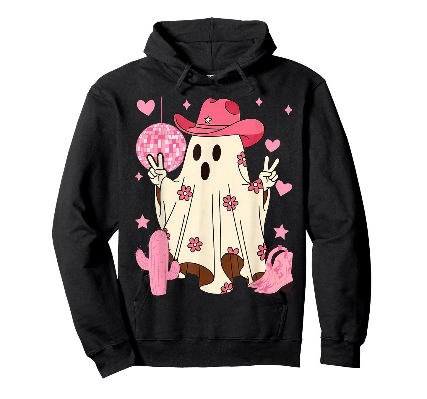 Retro Western Halloween Cowboy Cowgirl Ghost Boo Pink Floral T-Shirt