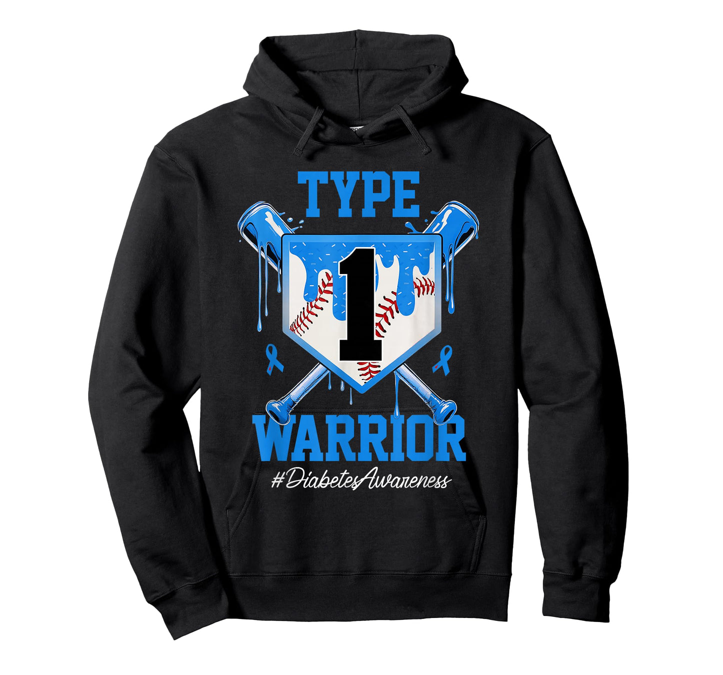 T1D Warrior Baseball Drip Diabetes Awareness Blue Ribbon T-Shirt