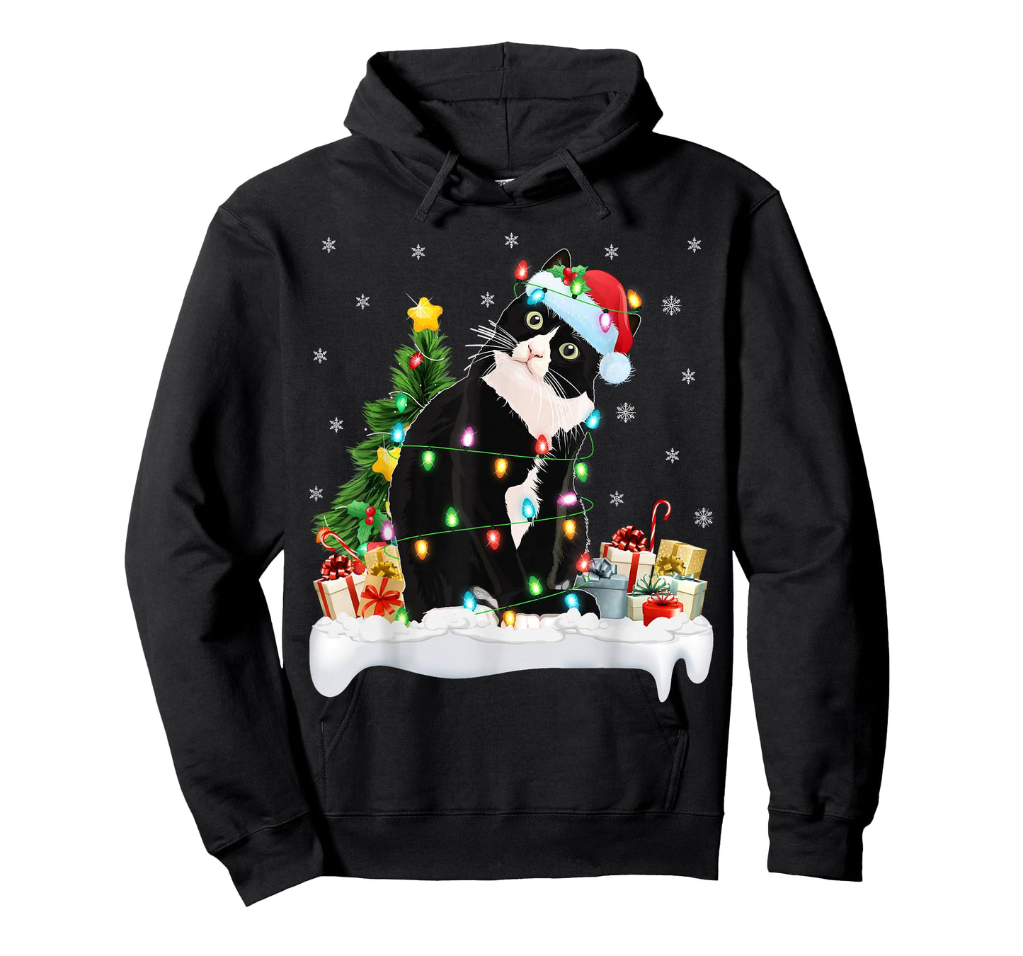 Black Cat Christmas Lights Santa Hat Black Cat Lover Xmas T-Shirt