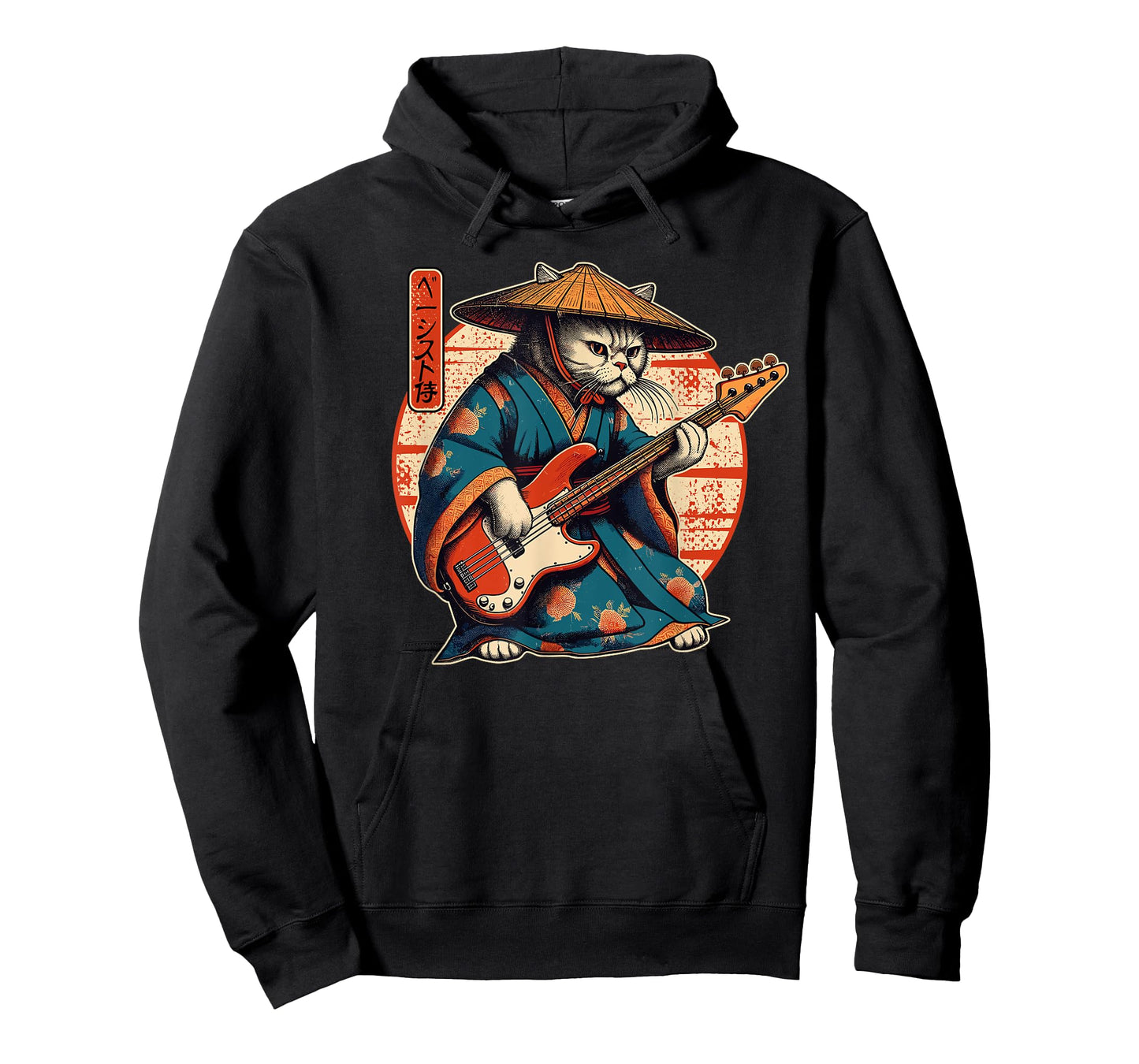 Japanese Samurai Cat Playing The Bass Men Women Girls Kids T-Shirt